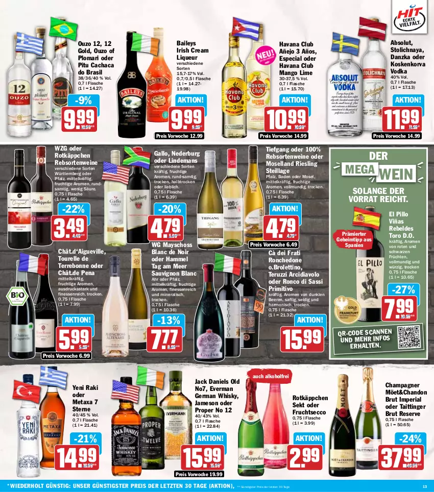 Aktueller Prospekt Hit - Wochenprospekt - von 30.09 bis 05.10.2024 - strona 13 - produkty: alkohol, Bad, baileys, beere, beeren, brut, Cachaca, champagne, champagner, ecco, eis, elle, finesse, flasche, frucht, früchte, früchten, fruchtsecco, gallo, Germ, Havana Club, irish cream, jack daniel, jack daniels, jameson, liqueur, mango, Metaxa, moselland, nederburg, ouzo, ouzo 12, primitivo, rebsortenweine, reis, rel, Ria, riesling, rotkäppchen, saft, sauvignon, sauvignon blanc, sekt, Ti, vodka, wein, weine, whisky, yeni raki, ZTE