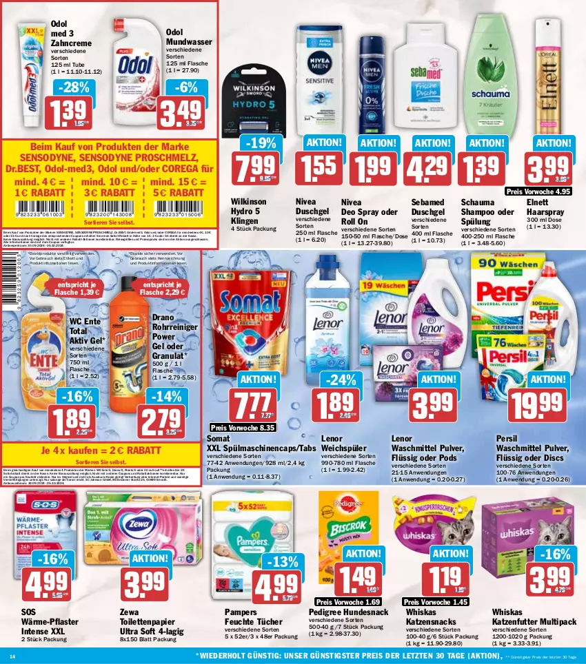 Aktueller Prospekt Hit - Wochenprospekt - von 30.09 bis 05.10.2024 - strona 14 - produkty: aktiv gel, bio, biozidprodukte, Brei, Cap, coupon, coupons, creme, deo, deo spray, duschgel, eis, elnett, ente, feuchte tücher, flasche, gin, haarspray, hundesnack, katzenfutter, katzensnack, katzensnacks, lenor, lenor waschmittel, Manner, Mett, mundwasser, nivea, Odol, odol med, pampers, papier, pedigree, persil, persil waschmittel, pflaster, Pods, Pronto, Rauch, reiniger, reis, rwe, schauma, schauma shampoo, sebamed, sensodyne, shampoo, shampoo oder spülung, snack, snacks, sofort-rabatt, sofortrabatt, somat, spülmaschinen, spülung, Ti, Tiere, toilettenpapier, tücher, waschmittel, wasser, wc ente, weichspüler, whiskas, wilkinson, zahncreme, zewa, ZTE