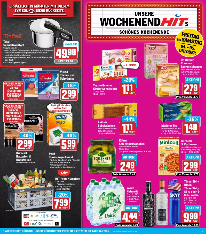 Aktueller Prospekt Hit - Wochenprospekt - von 30.09 bis 05.10.2024 - strona 15 - produkty: backmischung, Backmischungen, batterie, batterien, beutel, braten, Dr. Oetker, edelstahl, eis, elle, flasche, keks, kekse, Kinder, kinder schokolade, Klappbox, Kochtopf, kraft, Kühne, lack, leibniz, Meßmer, Mirácoli, natur, reis, rel, schlemmertöpfchen, Schnellkochtopf, schoko, schokolade, skyy, staubsauger, staubsaugerbeutel, swirl, tee, tefal, Three Sixty, Ti, Tiere, topf, Töpfchen, trolli, tücher, vileda, vodka, volvic, Yo, yogurette, ZTE