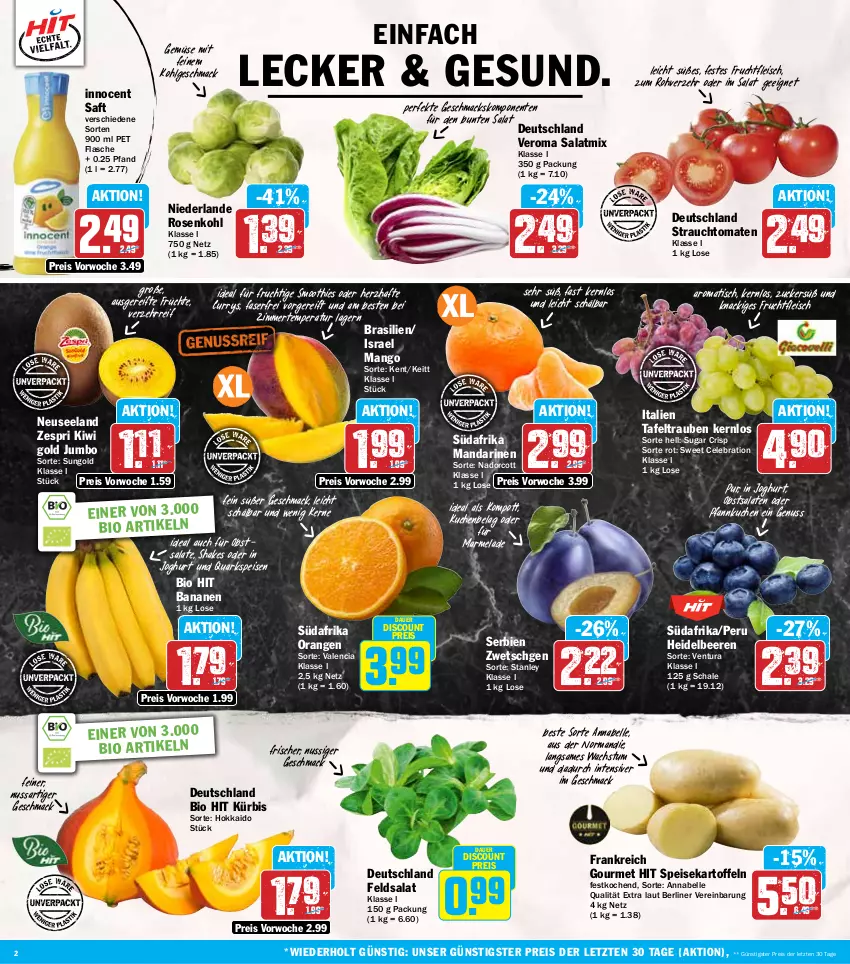 Aktueller Prospekt Hit - Wochenprospekt - von 30.09 bis 05.10.2024 - strona 2 - produkty: auer, banane, bananen, beere, beeren, berliner, bio, bio hit, curry, discount, eis, Elan, elle, ente, feldsalat, flasche, fleisch, frucht, früchte, fruchtfleisch, heidelbeere, heidelbeeren, Innocent, joghur, joghurt, jumbo, kartoffel, kartoffeln, kiwi, Kiwi Gold, kuchen, Kürbis, LG, mac, mandarine, mandarinen, mango, marmelade, nuss, obst, orange, orangen, Pfannkuchen, quark, Rauch, reis, rosen, Rosenkohl, saft, salat, salate, Salatmix, Schal, Schale, shake, smoothie, smoothies, speisekartoffeln, strauchtomaten, tafeltrauben, Ti, tisch, tomate, tomaten, trauben, zespri, ZTE, zucker