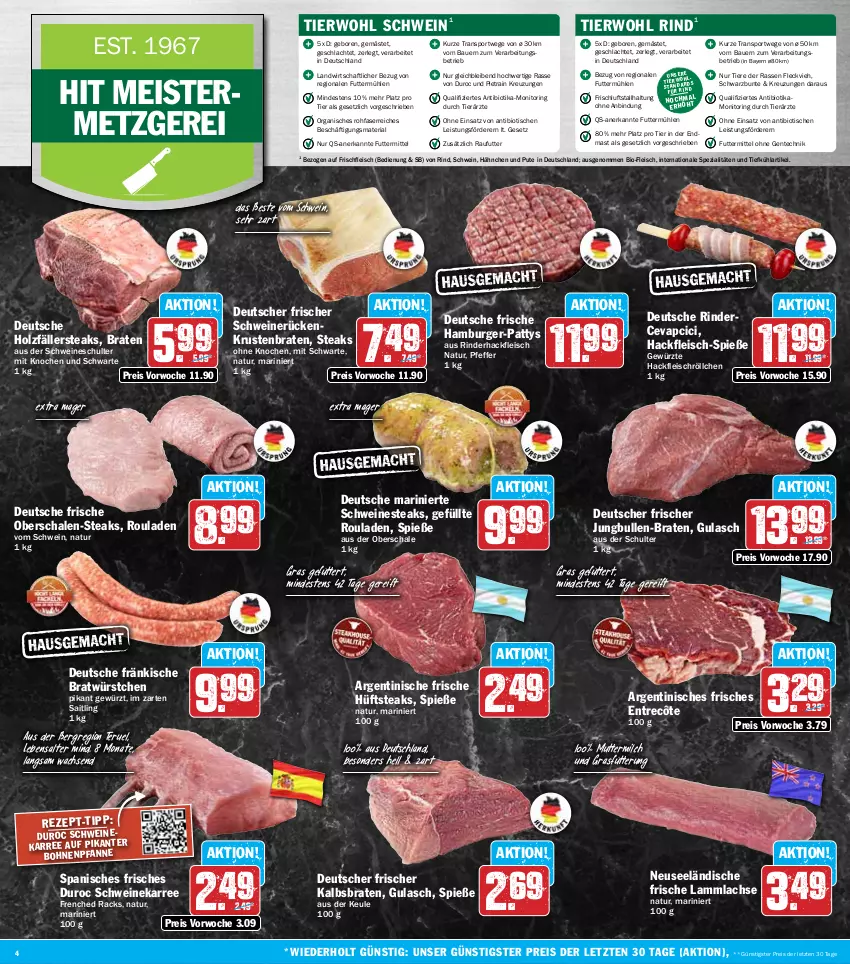 Aktueller Prospekt Hit - Wochenprospekt - von 30.09 bis 05.10.2024 - strona 4 - produkty: auer, Bau, Bauer, bio, bohne, bohnen, braten, burger, cevapcici, eis, ente, entrecôte, fleisch, Geflügel, gewürz, gulasch, hackfleisch, hamburger, Holz, holzfällersteaks, hüftsteak, hüftsteaks, im zarten saitling, jungbullen, krustenbraten, lachs, lamm, lammlachse, Meister, milch, monitor, natur, Nestea, pfanne, pfeffer, pute, reis, Ria, rind, rinder, rinderhackfleisch, ring, rouladen, Schal, Schale, schwein, schweine, schweinerücken, Spezi, Sport, steak, steaks, Ti, Tiere, tisch, wein, weine, würstchen, ZTE