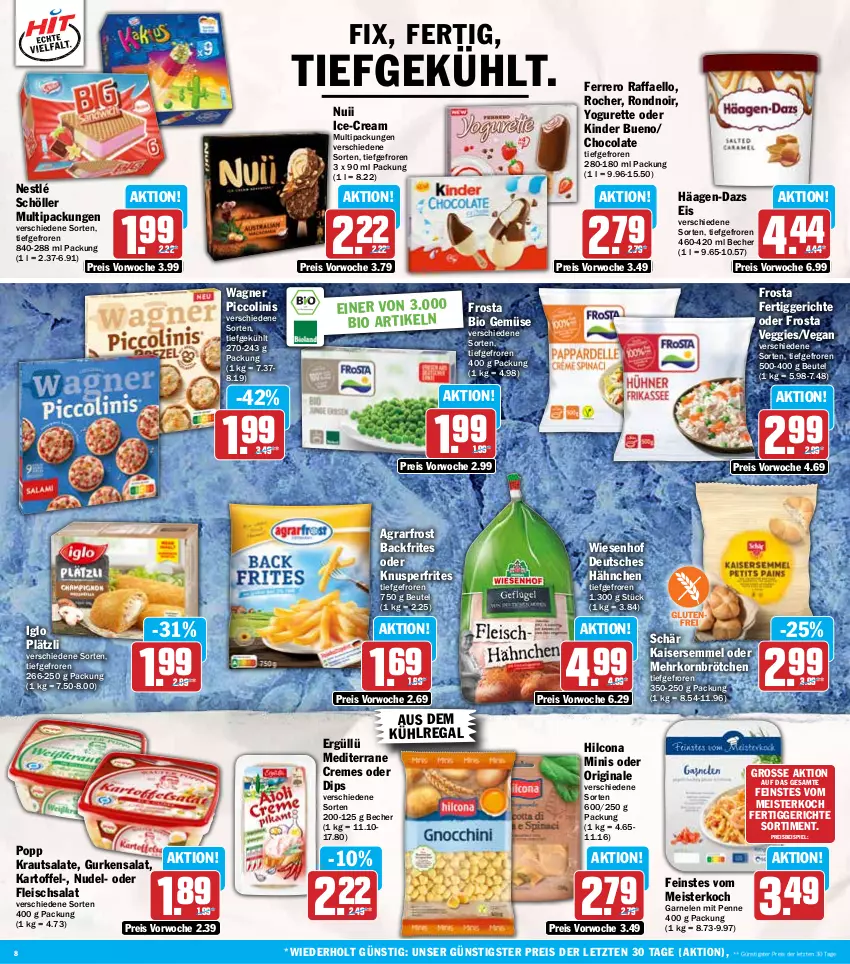 Aktueller Prospekt Hit - Wochenprospekt - von 30.09 bis 05.10.2024 - strona 8 - produkty: agrarfrost, aus dem kühlregal, Becher, beutel, bio, bio gemüse, brötchen, cola, creme, dip, eis, ferrero, fertiggericht, fertiggerichte, fleisch, fleischsalat, frosta, garnelen, gin, gurke, gurken, gurkensalat, häagen-dazs, hilcona, iglo, Kaiser, Kaisersemmel, kartoffel, Kinder, kinder bueno, korn, Kraut, krautsalat, kühlregal, mehrkornbrötchen, Meister, nestlé, nestlé schöller, nudel, nuii, penne, piccolinis, Popp, raffaello, regal, reis, salat, salate, Schöller, Semmel, Ti, veggie, wagner, wiesenhof, Yo, yogurette, ZTE