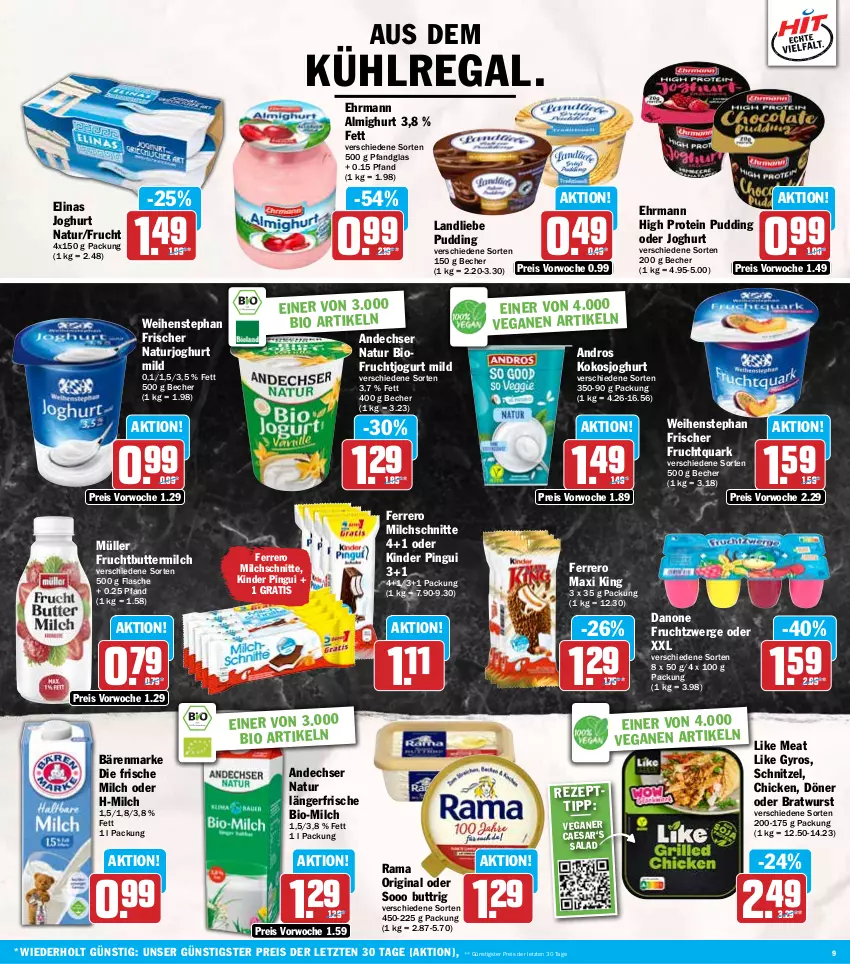 Aktueller Prospekt Hit - Wochenprospekt - von 30.09 bis 05.10.2024 - strona 9 - produkty: almighur, almighurt, andechser natur, aus dem kühlregal, bärenmarke, Becher, bio, bratwurst, butter, buttermilch, danone, danone fruchtzwerge, ehrmann, ehrmann almighurt, eis, elinas, elinas joghurt, ferrero, flasche, frische milch, frucht, Fruchtquark, fruchtzwerge, gin, gyros, joghur, joghurt, joghurt mild, jogurt, Kinder, kinder pingui, kokos, kühlregal, landliebe, Like Meat, milch, Milchschnitte, Müller, natur, naturjoghurt, pingui, pudding, quark, rama, regal, reis, schnitzel, Ti, weihenstephan, wurst, ZTE