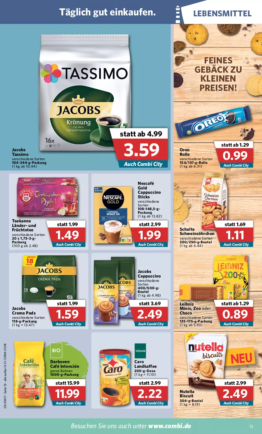 Aktueller Prospekt Combi - Prospekte - von 25.04 bis 30.04.2022 - strona 13 - produkty: beutel, bohne, bohnen, Cap, cappuccino, cin, crema pads, darbo, darboven, eis, früchte, Früchtetee, jacobs, Jacobs Crema, jacobs tassimo, kaffee, lebensmittel, leibniz, leine, ndk, Nescafé, nescafé gold, nutella, oreo, reis, schwein, sim, tassimo, tee, teekanne, Ti, wein