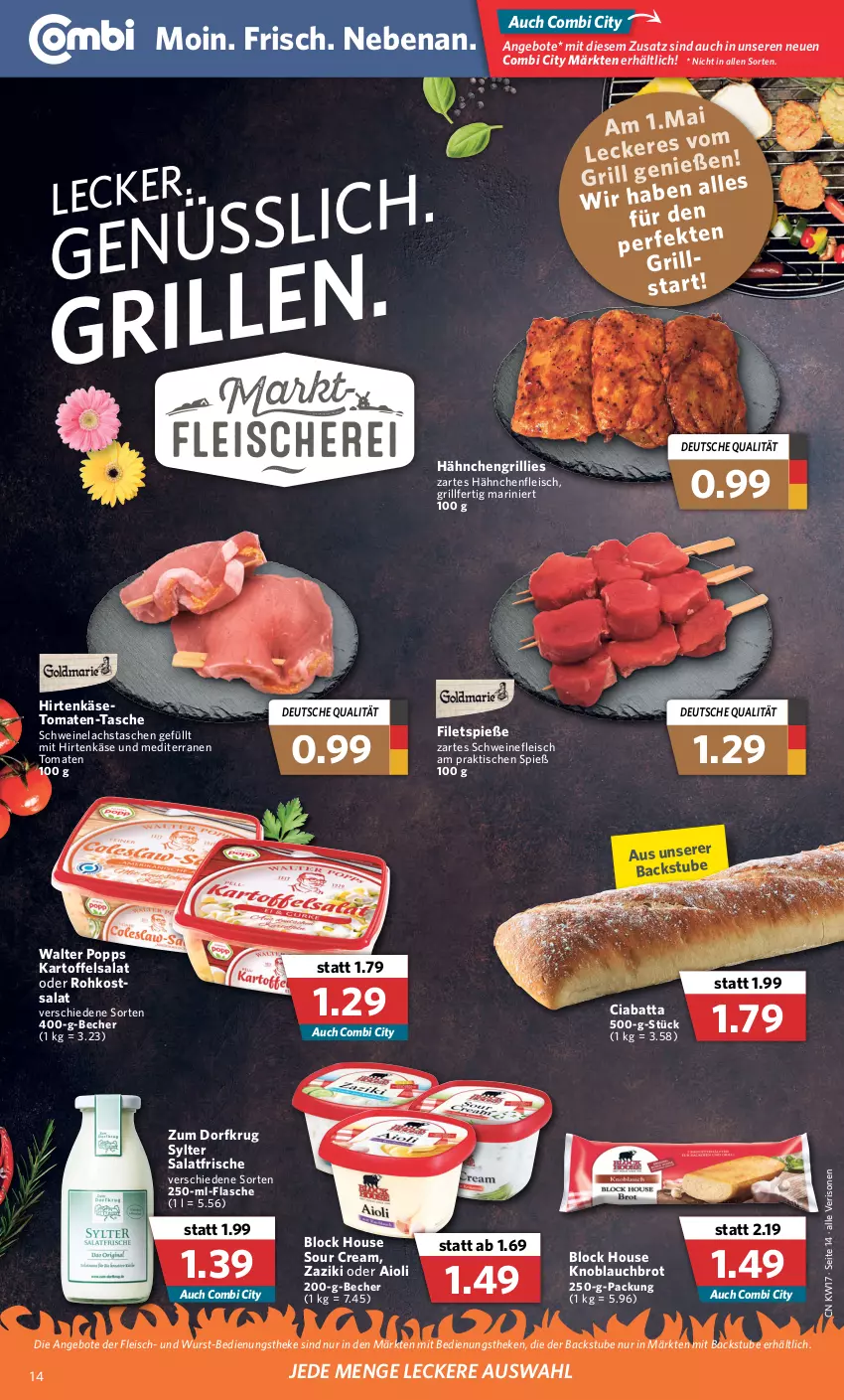 Aktueller Prospekt Combi - Prospekte - von 25.04 bis 30.04.2022 - strona 14 - produkty: aioli, angebot, angebote, Becher, brot, ciabatta, eis, filet, filets, flasche, fleisch, grill, Hähnchenfleisch, hirtenkäse, kartoffel, kartoffelsalat, Käse, knoblauch, lachs, Popp, salat, schwein, schweine, schweinefleisch, Schweinelachs, sour cream, stube, Sylter, Tasche, taschen, Ti, tisch, tomate, tomaten, wein, weine, wurst, zaziki, Zum Dorfkrug