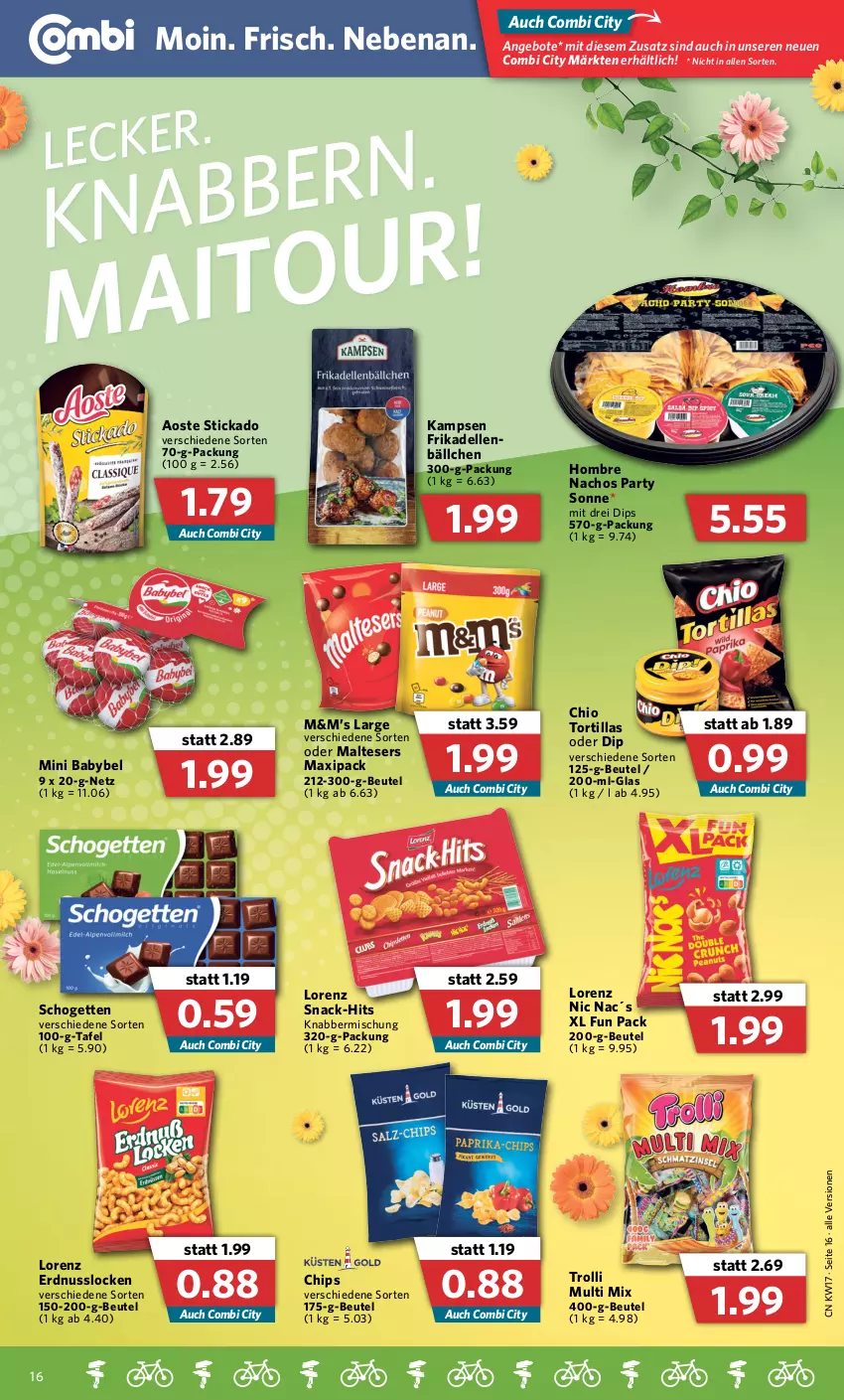 Aktueller Prospekt Combi - Prospekte - von 25.04 bis 30.04.2022 - strona 16 - produkty: angebot, angebote, aoste stickado, babybel, beutel, chips, dell, dip, elle, erdnuss, frikadellen, lorenz, malteser, mini babybel, nacho, Nachos, nuss, schogetten, snack, stickado, Ti, tortilla, tortillas, trolli