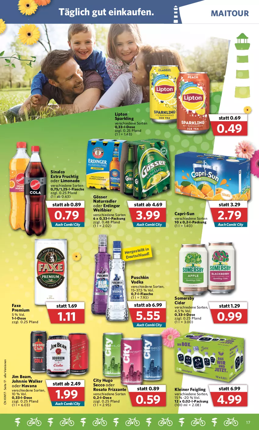 Aktueller Prospekt Combi - Prospekte - von 25.04 bis 30.04.2022 - strona 17 - produkty: axe, bier, Cap, capri-sun, cider, ecco, erdinger, flasche, frizzante, frucht, gösser, hugo, jim beam, johnnie walker, kleiner feigling, leine, limo, limonade, lipton, natur, puschkin vodka, radler, rosato, sinalco, somersby, Ti, vodka