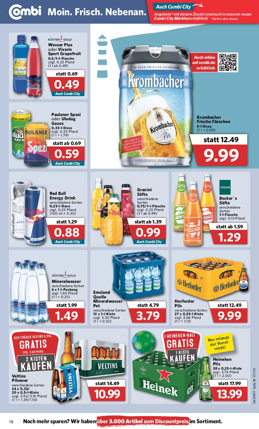 Aktueller Prospekt Combi - Prospekte - von 25.04 bis 30.04.2022 - strona 18 - produkty: Alwa, angebot, angebote, ball, discount, drink, eis, elle, energy drink, flasche, granini, grapefruit, heineken, krombache, krombacher, mineralwasser, Paula, paulaner, pils, pilsener, red bull, reis, säfte, Spezi, Sport, Ti, veltins, veltins pilsener, Vivaris, wasser