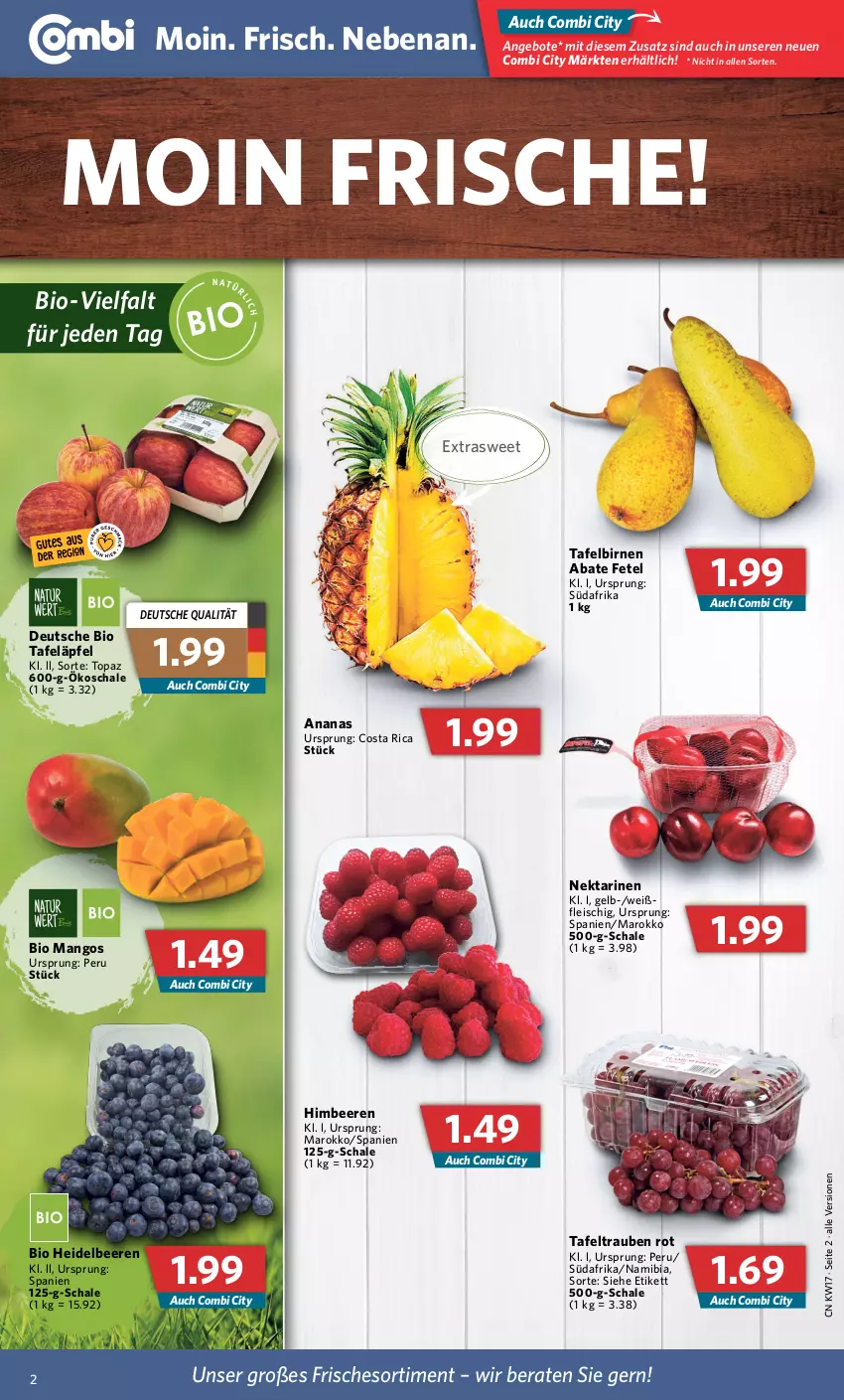 Aktueller Prospekt Combi - Prospekte - von 25.04 bis 30.04.2022 - strona 2 - produkty: ananas, angebot, angebote, beere, beeren, bio, Birnen, eis, fleisch, heidelbeere, heidelbeeren, himbeer, himbeere, himbeeren, mango, mangos, Nektar, nektarinen, Schal, Schale, tafeläpfel, tafelbirnen, tafeltrauben, Ti, trauben