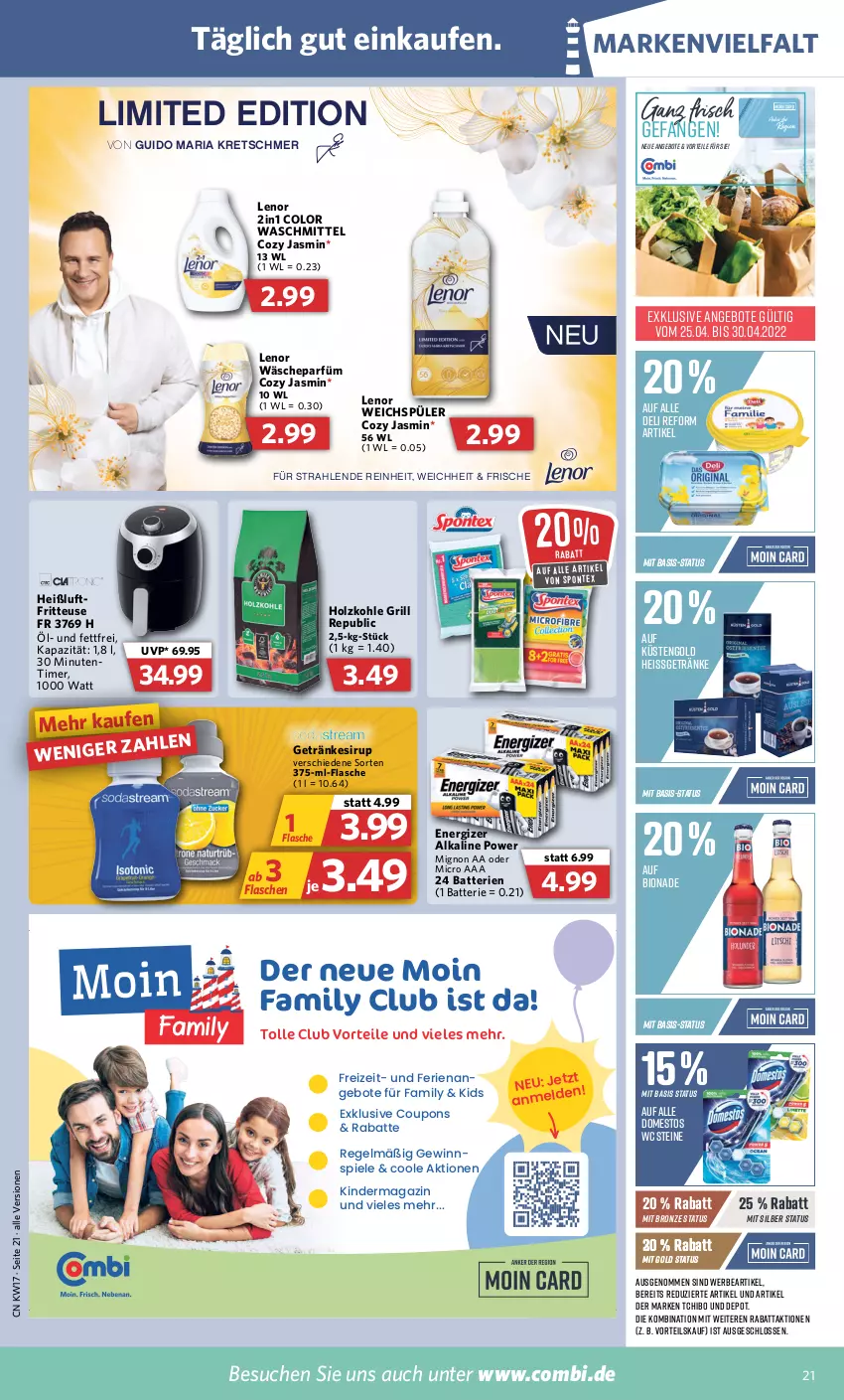 Aktueller Prospekt Combi - Prospekte - von 25.04 bis 30.04.2022 - strona 21 - produkty: angebot, angebote, batterie, batterien, bio, bionade, coupon, coupons, deli reform, domestos, energizer, flasche, fritteuse, getränk, getränke, getränkesirup, gewinnspiel, grill, Holz, holzkohle, Kinder, küstengold, lenor, lenor weichspüler, magazin, Ria, sirup, Spiele, Tchibo, Ti, timer, wäscheparfüm, waschmittel, weichspüler