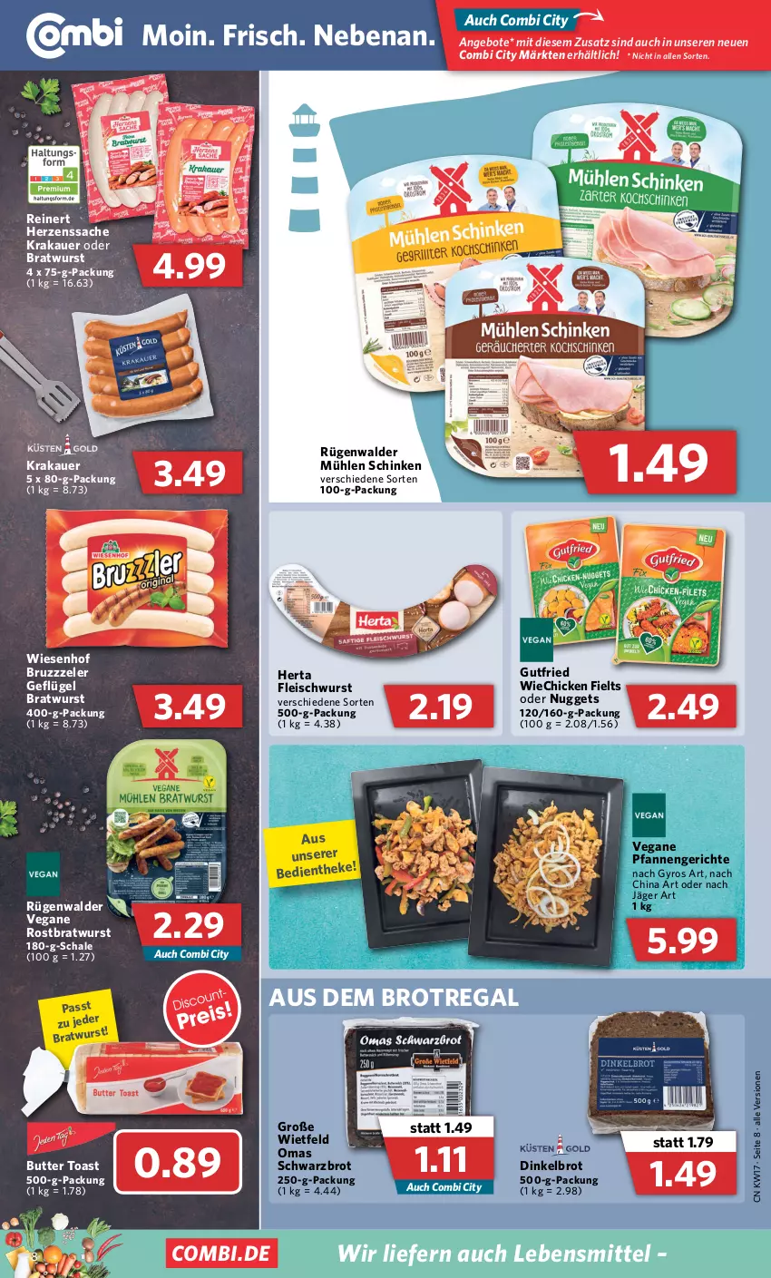 Aktueller Prospekt Combi - Prospekte - von 25.04 bis 30.04.2022 - strona 8 - produkty: angebot, angebote, auer, bratwurst, brot, butter, Dinkelbrot, eis, fleisch, fleischwurst, Geflügel, gutfried, gyros, herta, krakauer, lebensmittel, mühlen schinken, nuggets, pfanne, pfannen, regal, reinert, rostbratwurst, rügenwalder, rügenwalder mühle, sac, Schal, Schale, schinken, Schwarzbrot, toast, wiesenhof, wurst