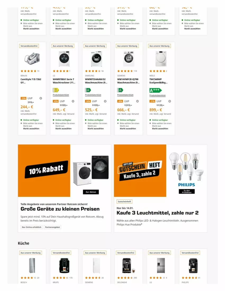 Aktueller Prospekt Saturn - Prospekte - von 05.01 bis 14.01.2024 - strona 12 - produkty: angebot, angebote, bosch, delonghi, eis, gutschein, krups, küche, leine, leuchtmittel, miele, ndk, Philips, reis, Samsung, siemens, Ti, versandkostenfrei