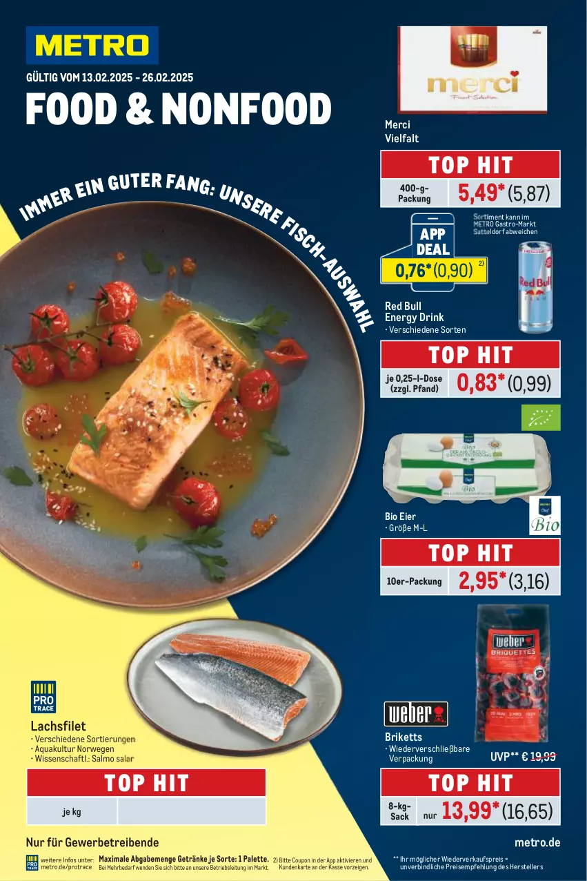 Aktueller Prospekt Metro - Food-Nonfood - von 13.02 bis 26.02.2025 - strona 1 - produkty: aqua, bio, briketts, coupon, drink, eier, eis, elle, energy drink, filet, getränk, getränke, lachs, lachsfilet, merci, Metro, metro gastro, Palette, red bull, reis, rwe, sac, sattel, teller, Ti