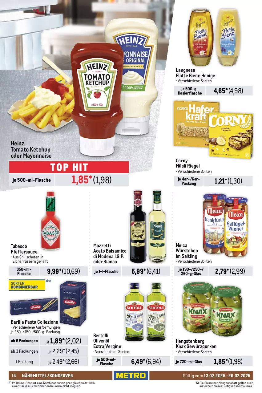 Aktueller Prospekt Metro - Food-Nonfood - von 13.02 bis 26.02.2025 - strona 14 - produkty: aceto, aceto balsamico, balsam, balsamico, barilla, bertolli, beutel, bohne, caffè crema, Cap, chili, corny, coupon, dallmayr, dallmayr capsa, eduscho, eis, espresso, flasche, früchte, Früchtetee, getränk, getränke, gewürz, Gewürzgurke, gewürzgurken, gin, gurke, gurken, heinz, hengstenberg, honig, jacobs, jacobs krönung, jacobs tassimo, je 500-ml-flasche, käfer, kaffee, ketchup, Konserven, kräuter, langnese, lavazza, mayonnaise, meica, Mode, mövenpick, müsli, natur, olive, oliven, olivenöl, olivenöl extra, pasta, pfeffer, reis, riegel, sauce, sim, tabasco, tassimo, tee, teekanne, Ti, tomato ketchup, würstchen, Yo