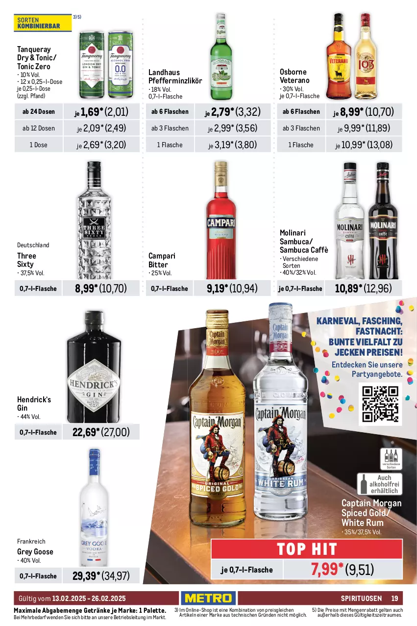 Aktueller Prospekt Metro - Food-Nonfood - von 13.02 bis 26.02.2025 - strona 19 - produkty: ananas, angebot, angebote, beere, beeren, bree, brut, cabernet, campari, Cap, captain morgan, champagne, champagner, chardonnay, Corsaire, coupon, cuvée, decke, doppio passo, ecco, eis, entrecôte, flasche, frucht, früchte, früchten, fruchtsecco, gallo, gallo family, getränk, getränke, gin, Holz, honig, kräuter, likör, mac, mango, mangos, merl, merlot, Metro, Molinari, mumm, osborne, Palette, passo, perlen, pfeffer, pfefferminzlikör, pfirsich, primitivo, reis, Ria, rotkäppchen, rum, sambuca, Schal, Schale, schwein, sekt, spirituosen, Tanqueray, Three Sixty, Ti, tonic, valdo, vanille, veterano, wein, white rum, zitrone