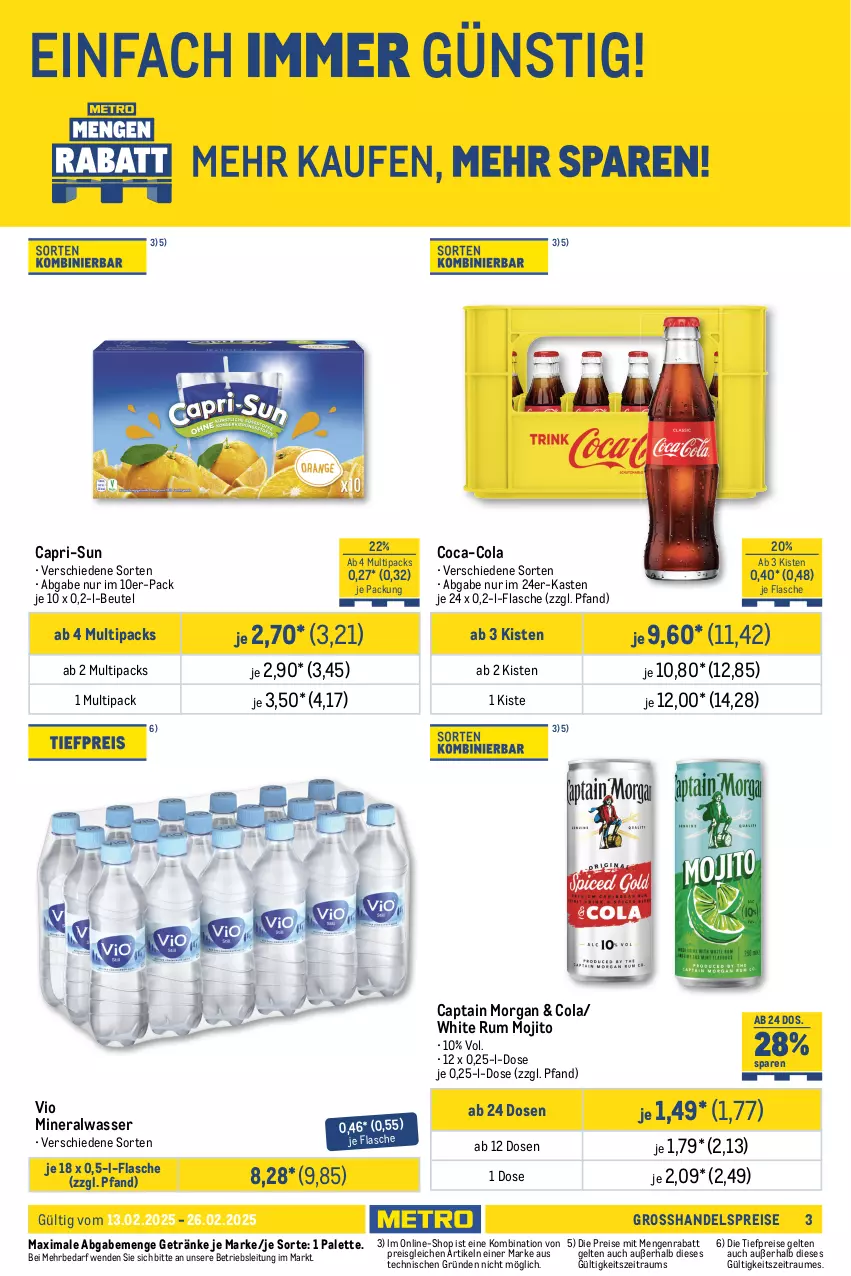 Aktueller Prospekt Metro - Food-Nonfood - von 13.02 bis 26.02.2025 - strona 3 - produkty: Alwa, auer, barilla, beutel, Cap, capri-sun, captain morgan, coca-cola, cola, eis, flasche, getränk, getränke, haribo, heineken, Metro, mineralwasser, mojito, Palette, pasta, pils, reis, rum, Ti, tiefpreis, veltins, wasser, white rum