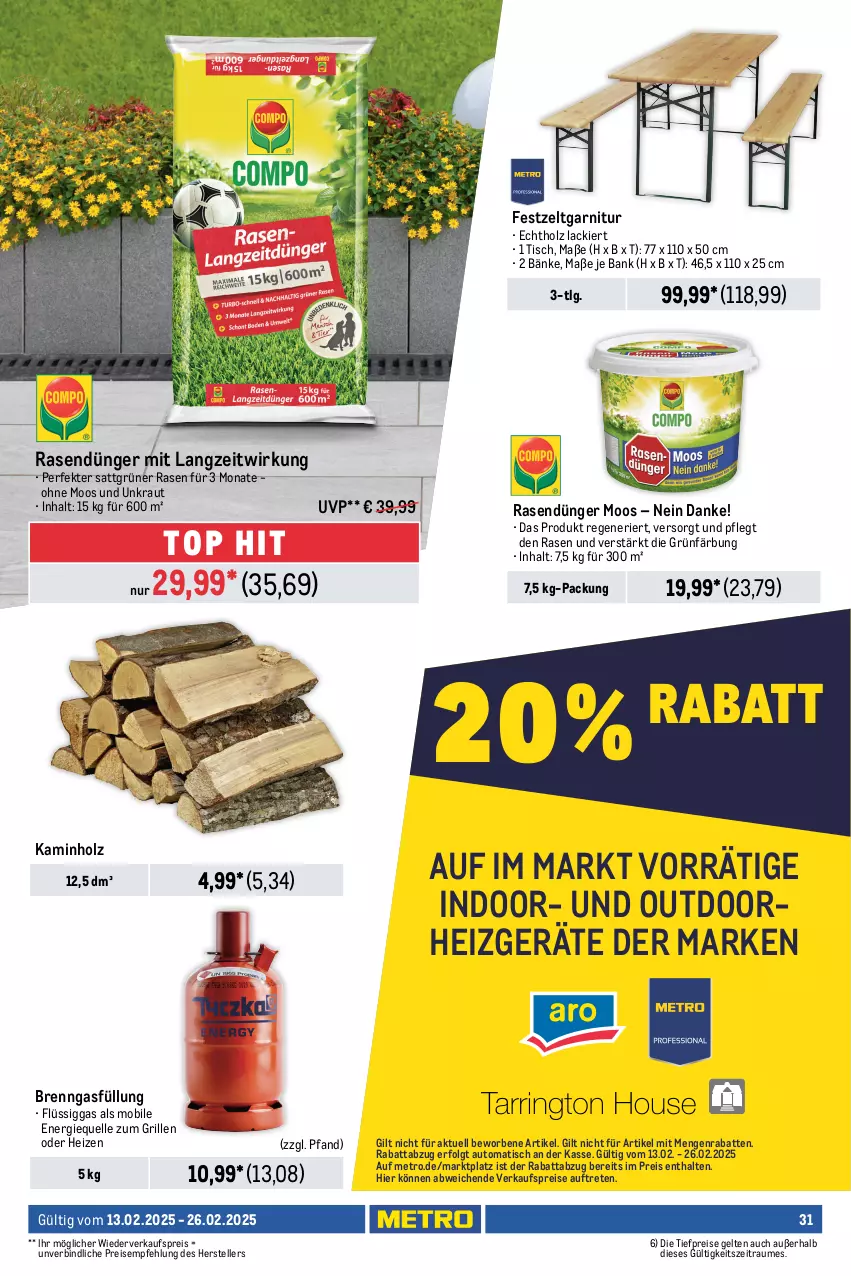 Aktueller Prospekt Metro - Food-Nonfood - von 13.02 bis 26.02.2025 - strona 33 - produkty: ACC, accessoires, auto, Bank, dünger, eis, elle, erde, garnitur, grill, Holz, Kamin, Kaminholz, kleid, Kleidung, Kraut, lack, LG, Metro, rasen, rasendünger, reis, socken, Sport, sportsocken, teller, Ti, tiefpreis, tisch, Zelt