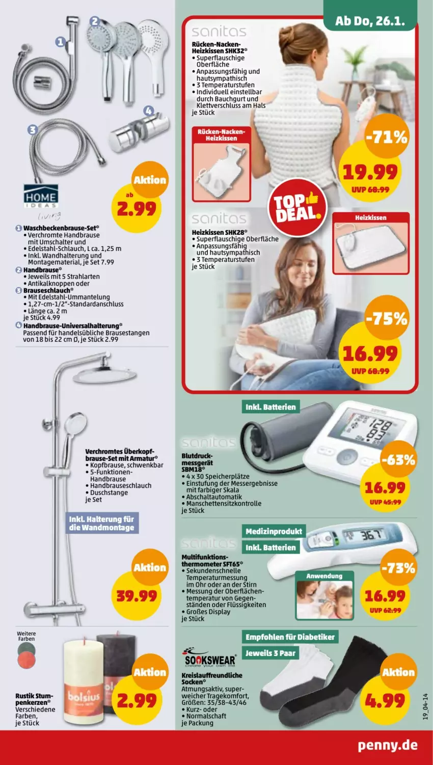 Aktueller Prospekt Penny - Prospekte - von 23.01 bis 28.01.2023 - strona 19 - produkty: armatur, auto, batterie, batterien, Bau, brause, brauseschlauch, dell, edelstahl, elle, handbrause, Heizkissen, K2, kerze, kissen, Mantel, medizinprodukt, messer, Ria, Schal, schlauch, socken, thermometer, Ti, wandhalterung, waschbecken