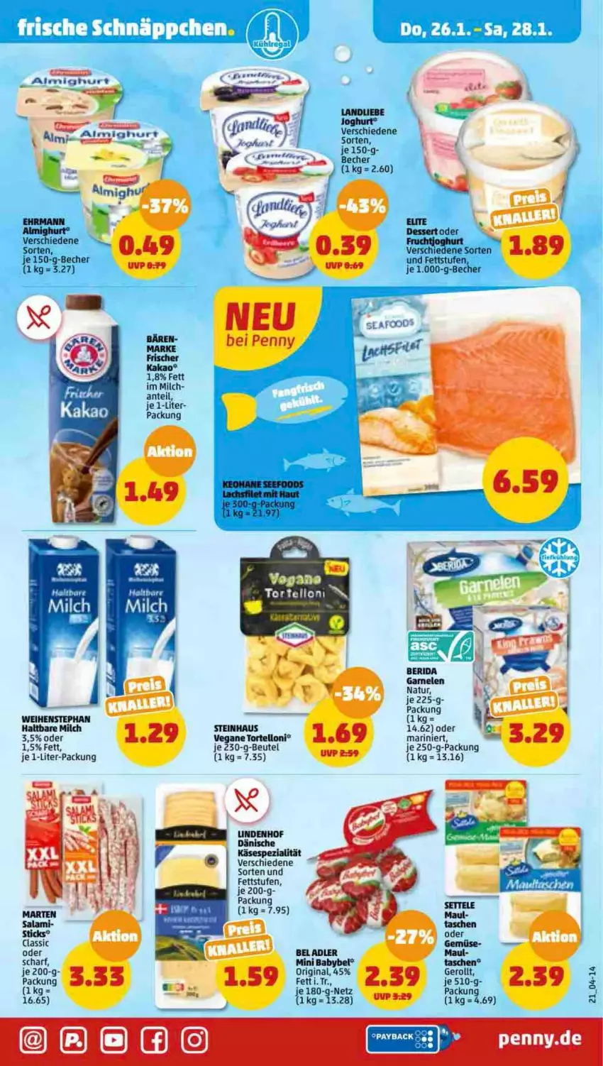 Aktueller Prospekt Penny - Prospekte - von 23.01 bis 28.01.2023 - strona 21 - produkty: babybel, Becher, beutel, garnelen, haltbare milch, je 250-g-packung, joghur, joghurt, kakao, landliebe, landliebe joghurt, milch, mini babybel, natur, torte, tortelloni