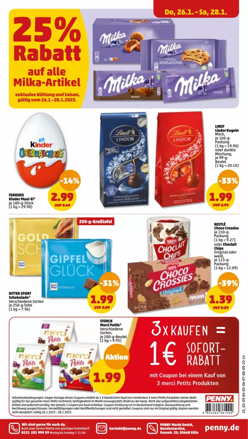 Aktueller Prospekt Penny - Prospekte - von 23.01 bis 28.01.2023 - strona 25 - produkty: beutel, chips, choclait chips, choco crossies, coupon, coupons, crossies, erde, ferrero, gin, Kinder, Kinder Maxi, Kugel, lindor, lindt, merci, milch, ritter, ritter sport, schoko, schokolade, sensations, Sport, storck, Ti, uhr