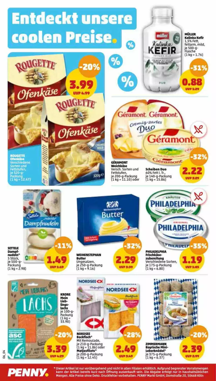 Aktueller Prospekt Penny - Prospekte - von 23.01 bis 28.01.2023 - strona 6 - produkty: backfisch, butter, filet, filets, fisch, flasche, frischkäse, je 250-g-packung, Käse, Knödel, Leberknödel, Nordsee, nudel, nudeln, philadelphia, remoulade, salz, weichkäse, weihenstephan