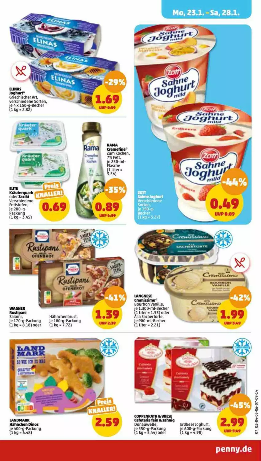 Aktueller Prospekt Penny - Prospekte - von 23.01 bis 28.01.2023 - strona 7 - produkty: Becher, bett, bourbon, bourbon vanille, coppenrath, creme, cremissimo, elle, flasche, hähnchenbrust, joghur, joghurt, langnese, rama, rama cremefine, Ria, rustipani, sac, salami, sim, tee, Ti, torte, vanille, wagner, zaziki