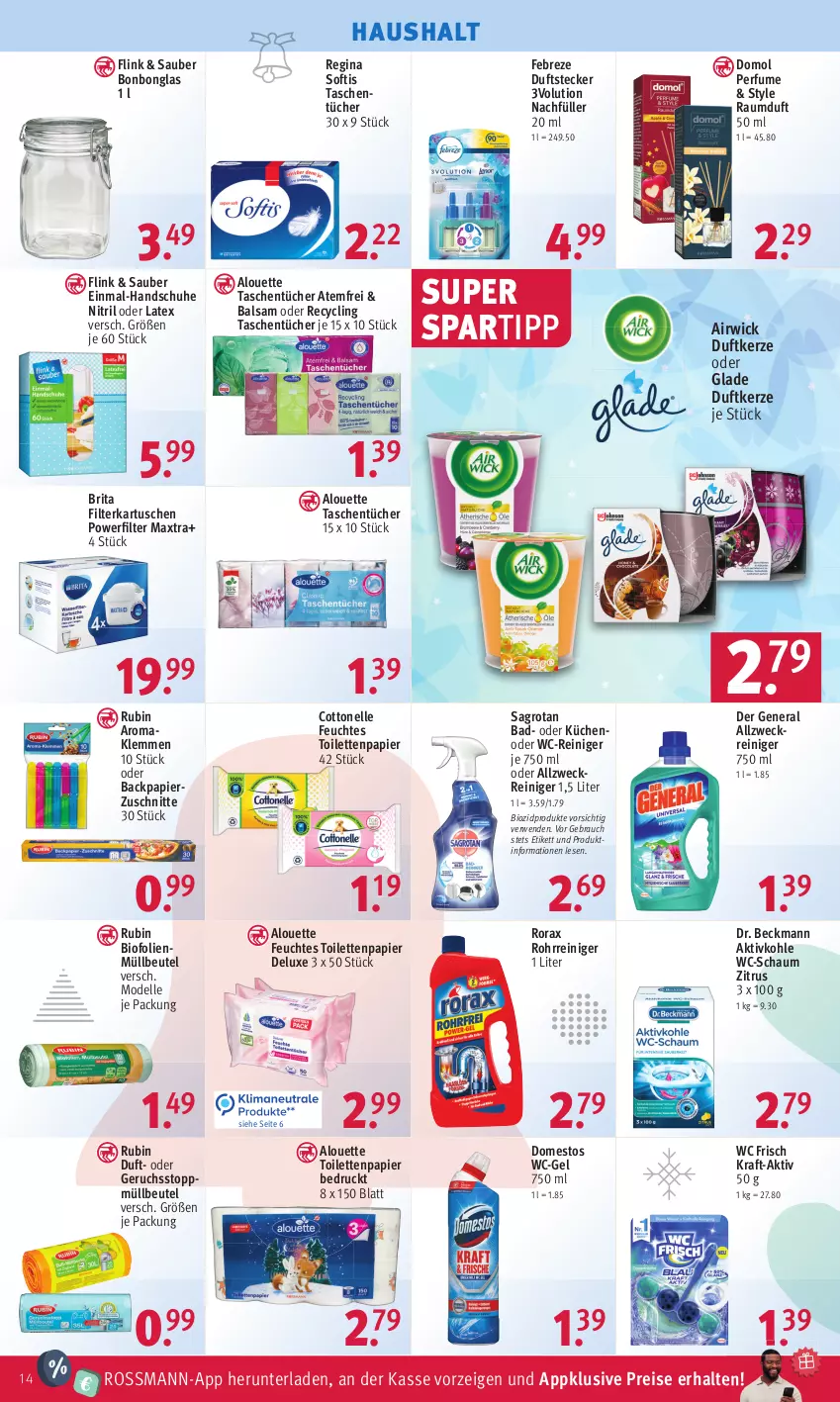 Aktueller Prospekt Rossmann - Prospekte - von 12.12 bis 16.12.2022 - strona 14 - produkty: airwick, allzweckreiniger, alouette, Bad, balsam, beutel, bio, biozidprodukte, Bonbonglas, brita, Clin, cottonelle, dell, domestos, Domol, Dr. Beckmann, Duftkerze, eis, elle, febreze, feuchtes toilettenpapier, filterkartuschen, gin, Glade, handschuhe, kerze, kraft, küche, Küchen, Maxtra, Mode, müllbeutel, papier, Rauch, Raumduft, reiniger, reis, rorax, Rubin, rwe, sagrotan, schuhe, spartipp, Tasche, taschen, taschentücher, Ti, toilettenpapier, tücher, wc frisch, wc-gel, wc-reiniger, weck, WICK