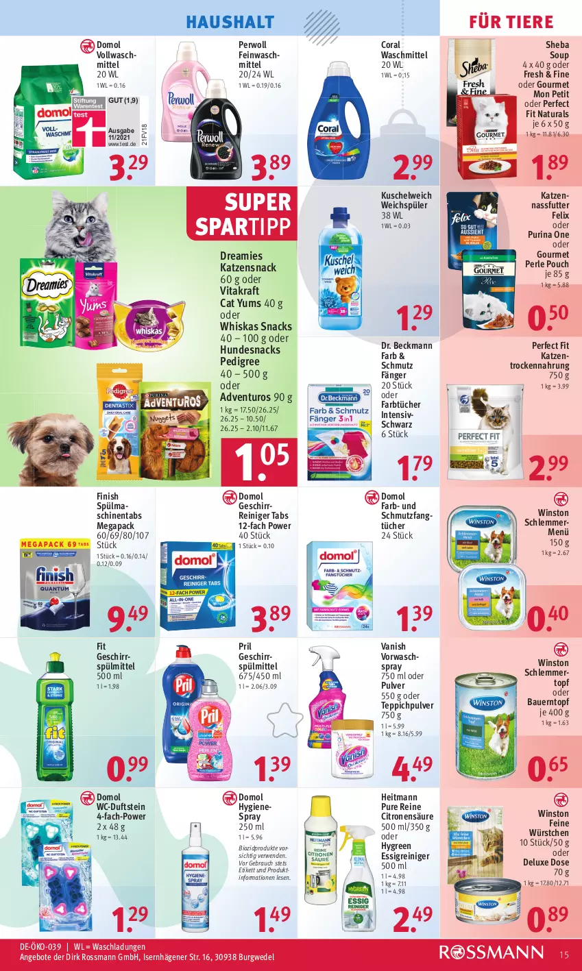 Aktueller Prospekt Rossmann - Prospekte - von 12.12 bis 16.12.2022 - strona 15 - produkty: adventuros, angebot, angebote, auer, Bau, Bauer, bio, biozidprodukte, Coral, Domol, Dr. Beckmann, dreamies, essig, Fangtücher, feinwaschmittel, felix, Finish, geschirr, geschirrspülmittel, heitmann, HP, hundesnack, hundesnacks, katzensnack, kraft, Kuschelweich, nassfutter, natur, natura, pedigree, Perfect Fit, perwoll, pril, purina, Rauch, reiniger, rwe, sheba, snack, snacks, spartipp, spülmaschinen, spülmaschinentabs, spülmittel, teppich, Ti, Tiere, topf, Trockennahrung, tücher, vanish, vita, vitakraft, vollwaschmittel, waschmittel, wedel, weichspüler, whiskas, würstchen