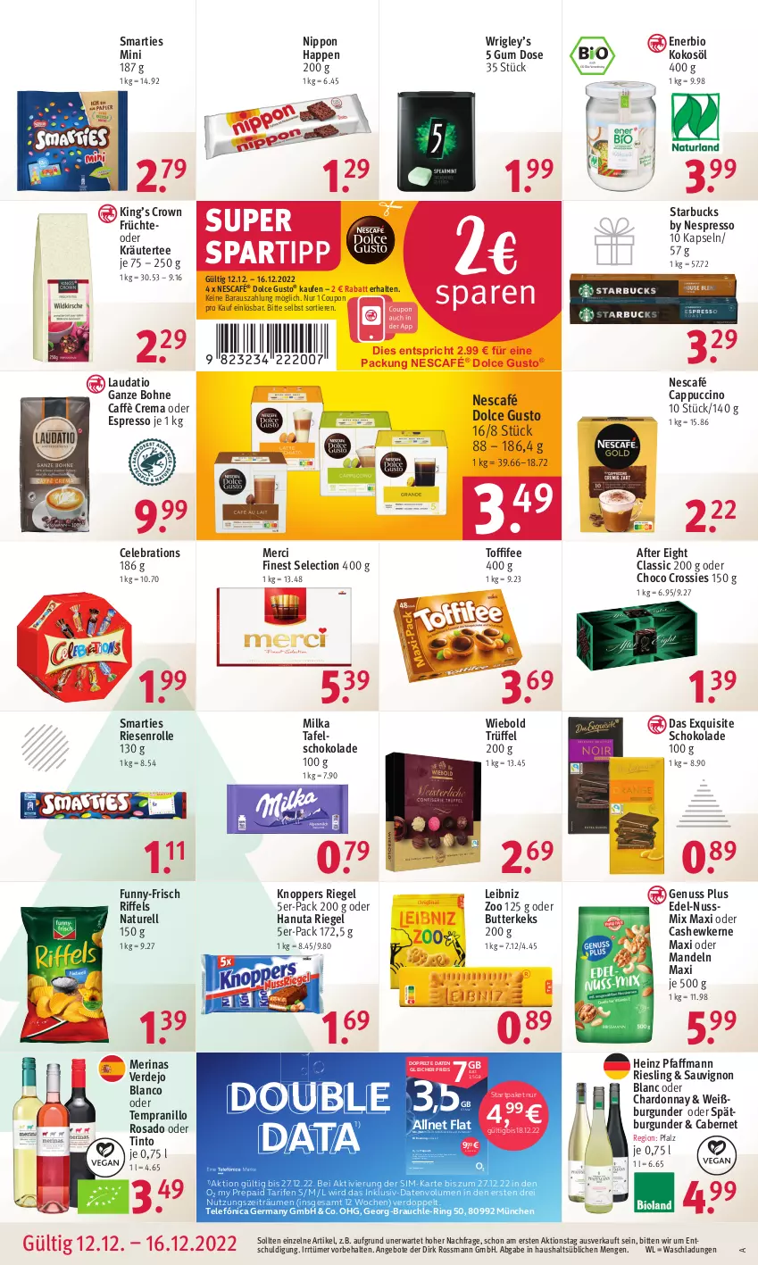 Aktueller Prospekt Rossmann - Prospekte - von 12.12 bis 16.12.2022 - strona 16 - produkty: after eight, allnet flat, angebot, angebote, bio, bohne, burgunder, butter, butterkeks, cabernet, Cap, cappuccino, Cashew, cashewkerne, chardonnay, choco crossies, cin, coupon, crossies, dolce gusto, eis, erde, espresso, früchte, funny-frisch, Germ, hanuta, heinz, keks, knoppers, kokos, kokosöl, kräuter, leibniz, mandel, mandeln, merci, milka, natur, Nescafé, nespresso, nippon, nuss, Nussmix, oder espresso, oder kräuter, Rauch, reis, rel, riegel, riesling, ring, sauvignon, sauvignon blanc, schoko, schokolade, sim, smarties, spartipp, spätburgunder, starbucks, tafelschokolade, tee, tempranillo, Ti, Tiere, Weißburgunder