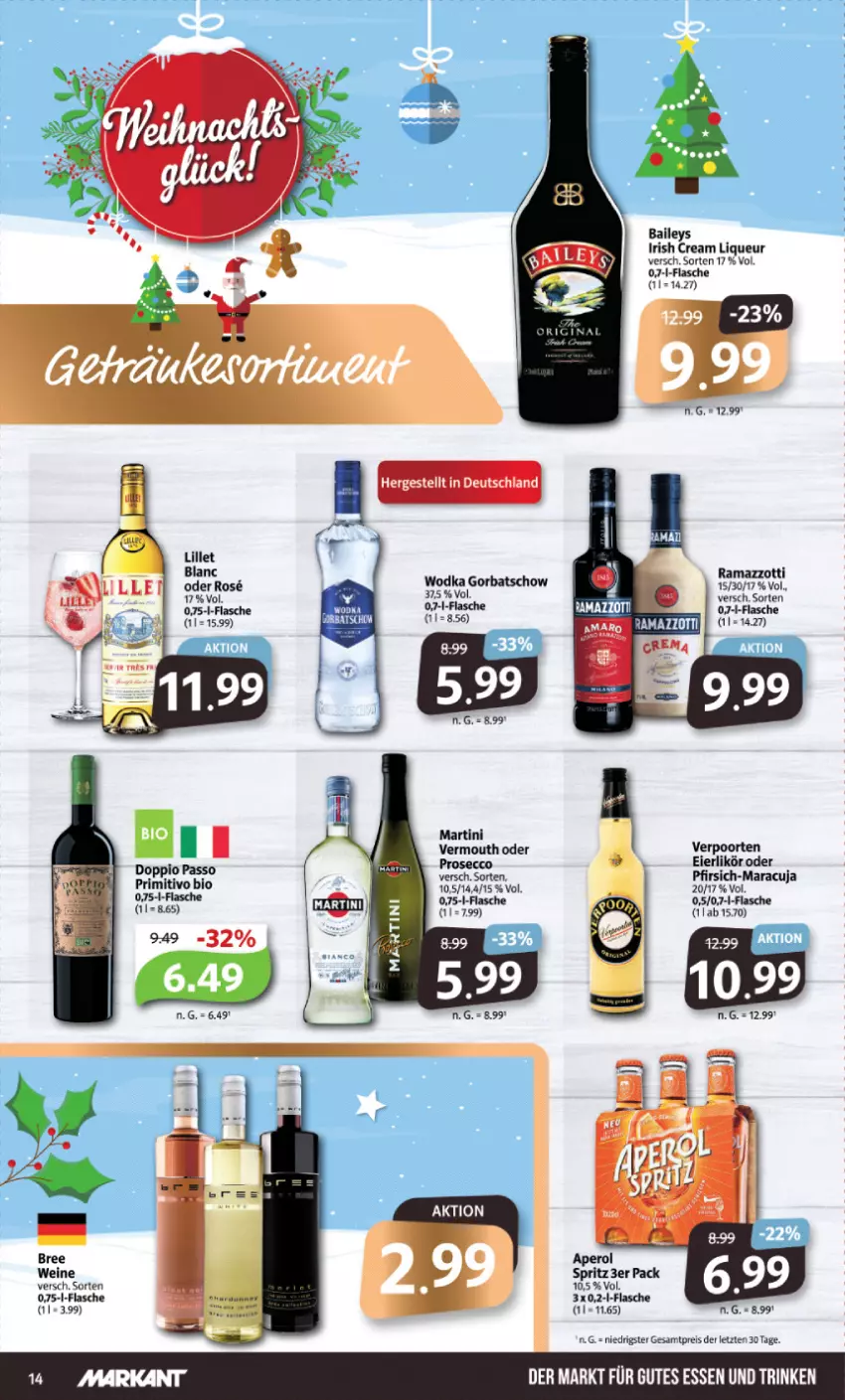 Aktueller Prospekt Markant - Prospekte - von 18.12 bis 23.12.2023 - strona 14 - produkty: aperol, bio, bree, doppio passo, ecco, eier, eis, flasche, Gorbatschow, gutes essen, irish cream, likör, liqueur, maracuja, martini, passo, pfirsich, primitivo, prosecco, reis, Ti, Vermouth, wein, weine, wodka, ZTE