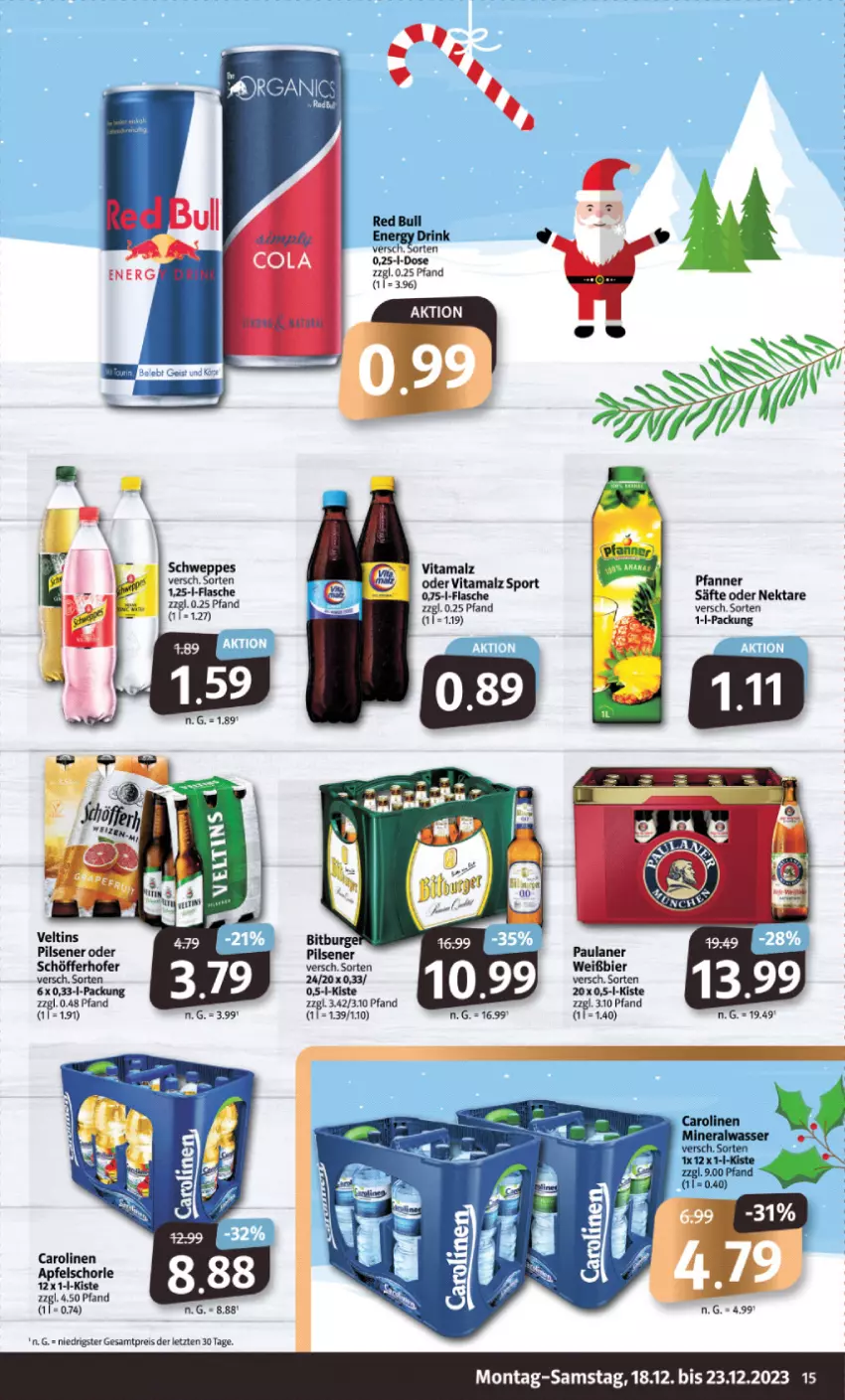 Aktueller Prospekt Markant - Prospekte - von 18.12 bis 23.12.2023 - strona 15 - produkty: apfel, Apfelschorle, bier, drink, eis, flasche, malz, Nektar, Paula, paulaner, pfanne, Pfanner, pils, pilsener, red bull, reis, säfte, schöfferhofer, schorle, schweppes, Sport, Ti, veltins, veltins pilsener, vita, vitamalz, ZTE