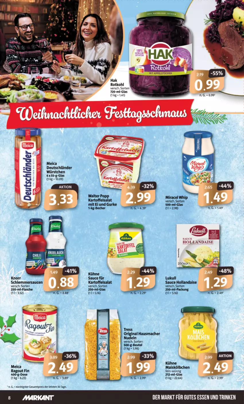 Aktueller Prospekt Markant - Prospekte - von 18.12 bis 23.12.2023 - strona 8 - produkty: eis, flasche, gin, gutes essen, Hausmacher, hollandaise, knorr, Kühne, mac, mais, meica, nudel, nudeln, Ragout, reis, rotkohl, sauce, saucen, schlemmersauce, schlemmersaucen, würstchen, ZTE