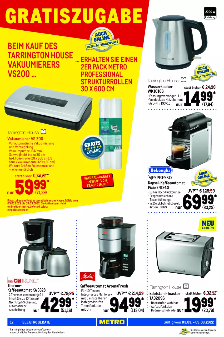 Aktueller Prospekt Metro - NonFood - von 03.03 bis 09.03.2022 - strona 12 - produkty: auto, beutel, edelstahl, eis, Elektro, elektrogeräte, elle, erde, kaffee, kaffeeautomat, Kocher, LG, Metro, natur, natura, reis, ring, Schal, senf, tarrington house, tasse, teller, Ti, timer, tisch, toast, toaster, uhr, Vakuumbeutel, Vakuumierer, wasser, wasserkocher