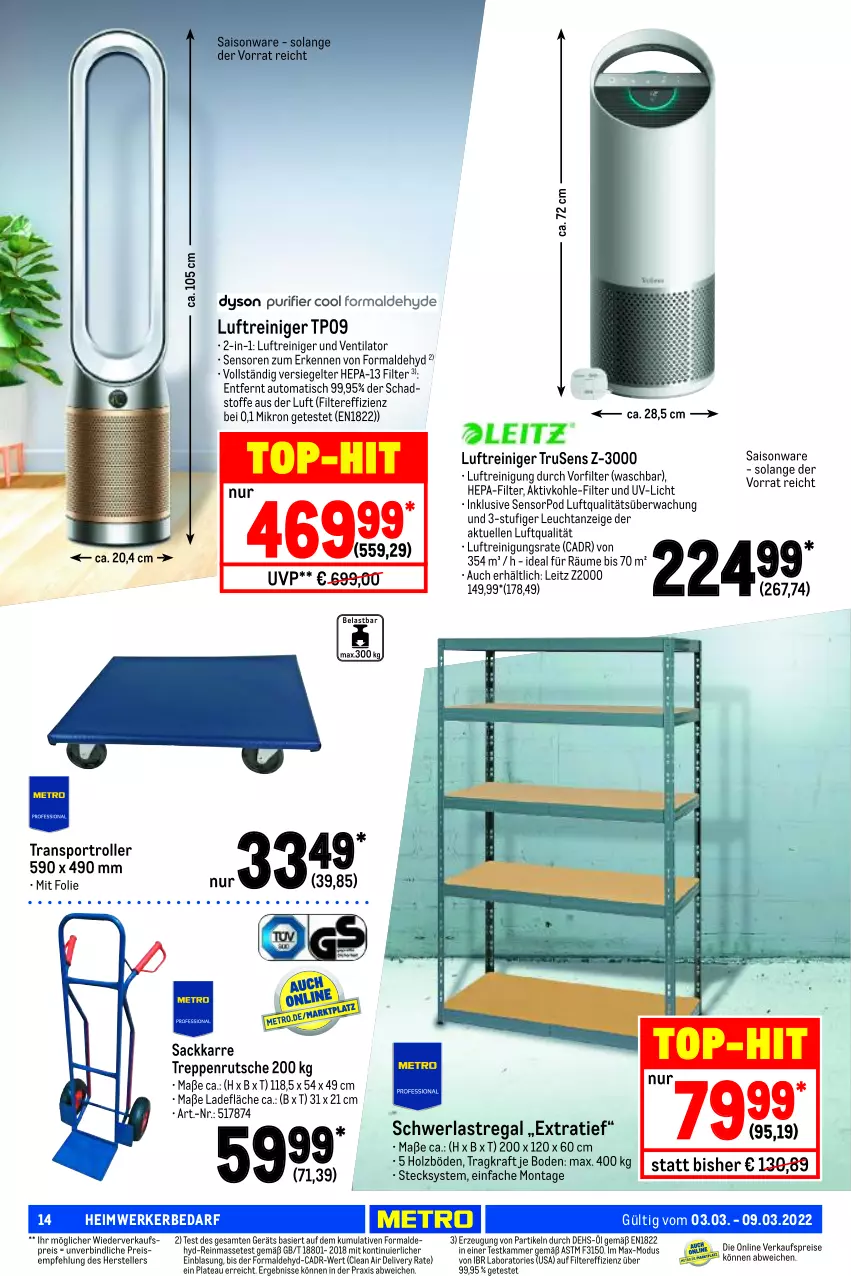 Aktueller Prospekt Metro - NonFood - von 03.03 bis 09.03.2022 - strona 14 - produkty: auto, eis, elle, Holz, kraft, leitz, Luftreiniger, regal, reiniger, Reinigung, reis, Roller, sac, schwerlastregal, Sport, teller, Ti, tisch, top-hit, ventilator