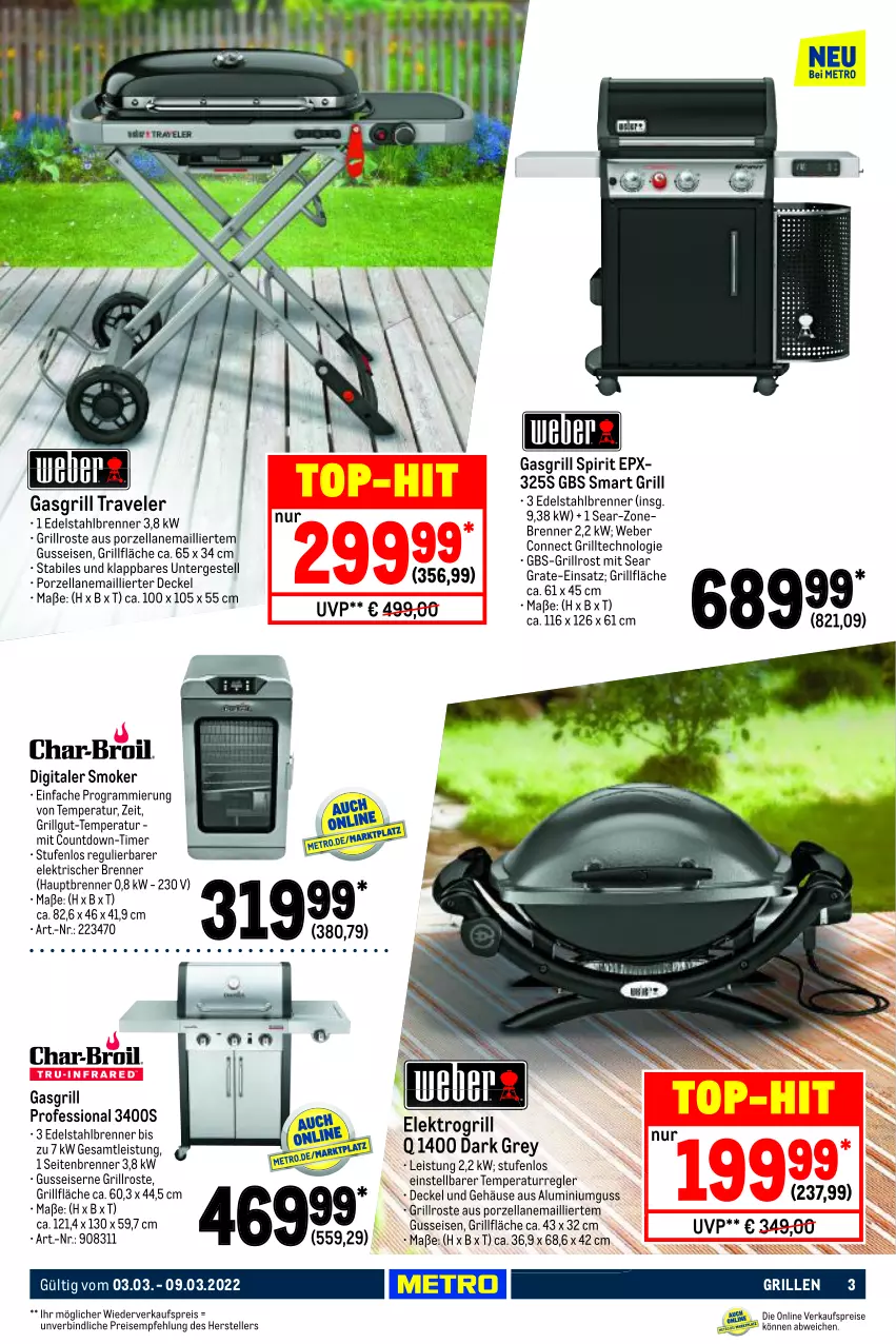 Aktueller Prospekt Metro - NonFood - von 03.03 bis 09.03.2022 - strona 3 - produkty: decke, Deckel, edelstahl, eis, Elektro, elle, gasgrill, grill, grillfläche, grillrost, LG, reis, teller, Ti, timer, top-hit, weber