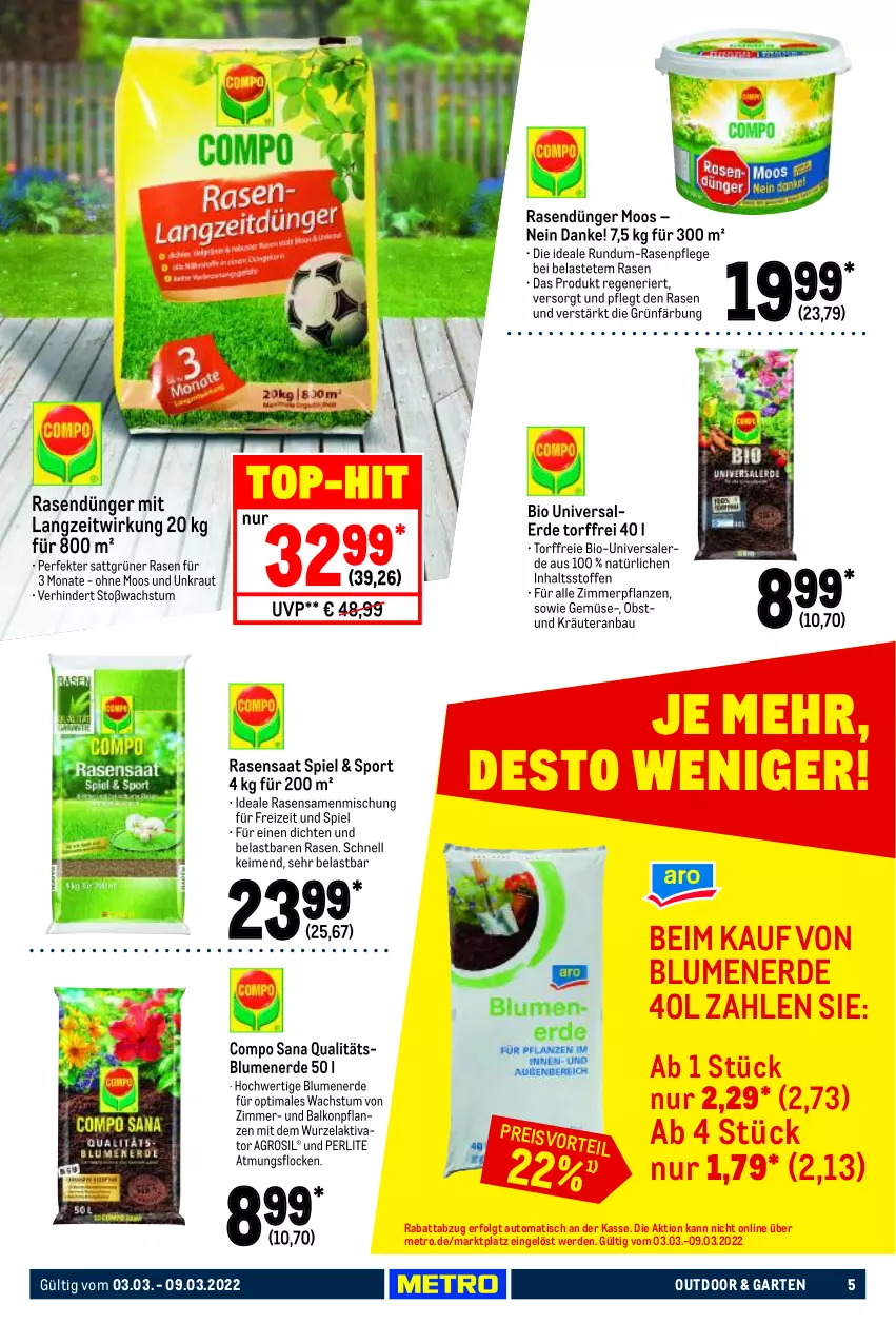 Aktueller Prospekt Metro - NonFood - von 03.03 bis 09.03.2022 - strona 5 - produkty: auto, balkonpflanzen, Bau, bio, blume, blumen, blumenerde, compo sana, dünger, eis, erde, Garten, Kraut, kräuter, LG, Metro, obst, pflanze, pflanzen, rasen, rasendünger, rasensamen, reis, sana, Sport, Ti, tisch