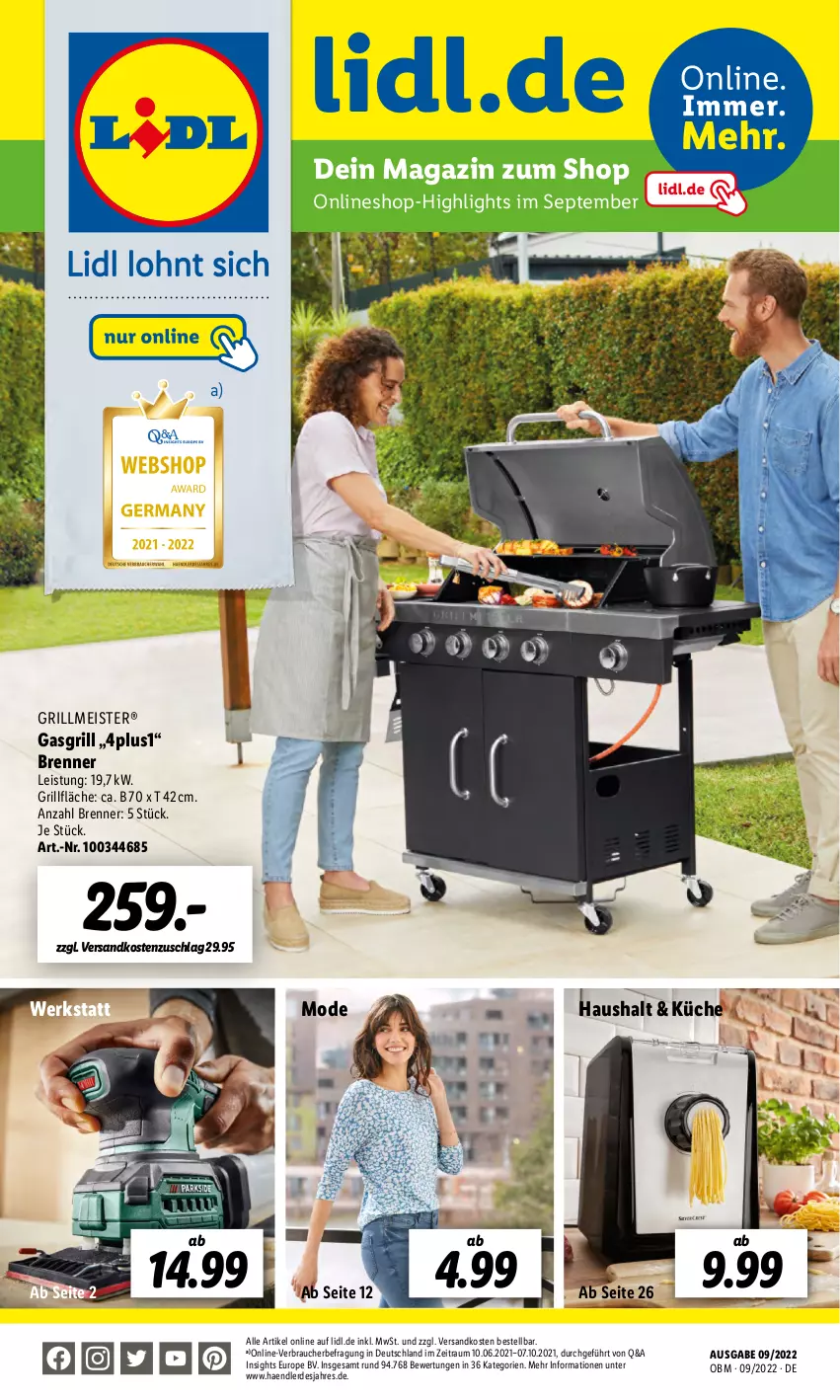 Aktueller Prospekt Lidl - Aktuelle Onlineshop-Highlights - von 01.09 bis 30.09.2022 - strona 1 - produkty: eis, erde, gasgrill, grill, grillfläche, küche, magazin, Meister, Mode, ndk, Rauch, Ti