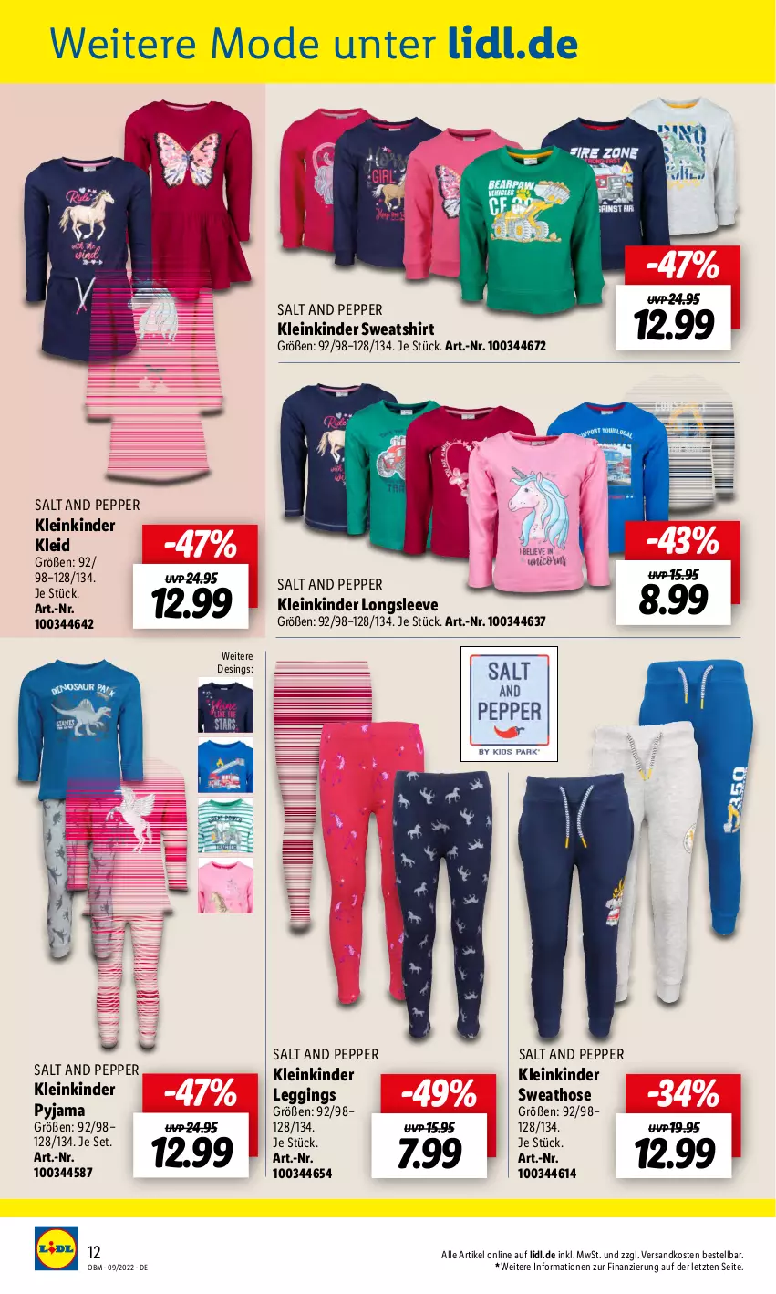 Aktueller Prospekt Lidl - Aktuelle Onlineshop-Highlights - von 01.09 bis 30.09.2022 - strona 12 - produkty: gin, hose, Kinder, kleid, leggings, Mode, ndk, Pyjama, shirt, Sweathose, Sweatshirt, Ti, ZTE