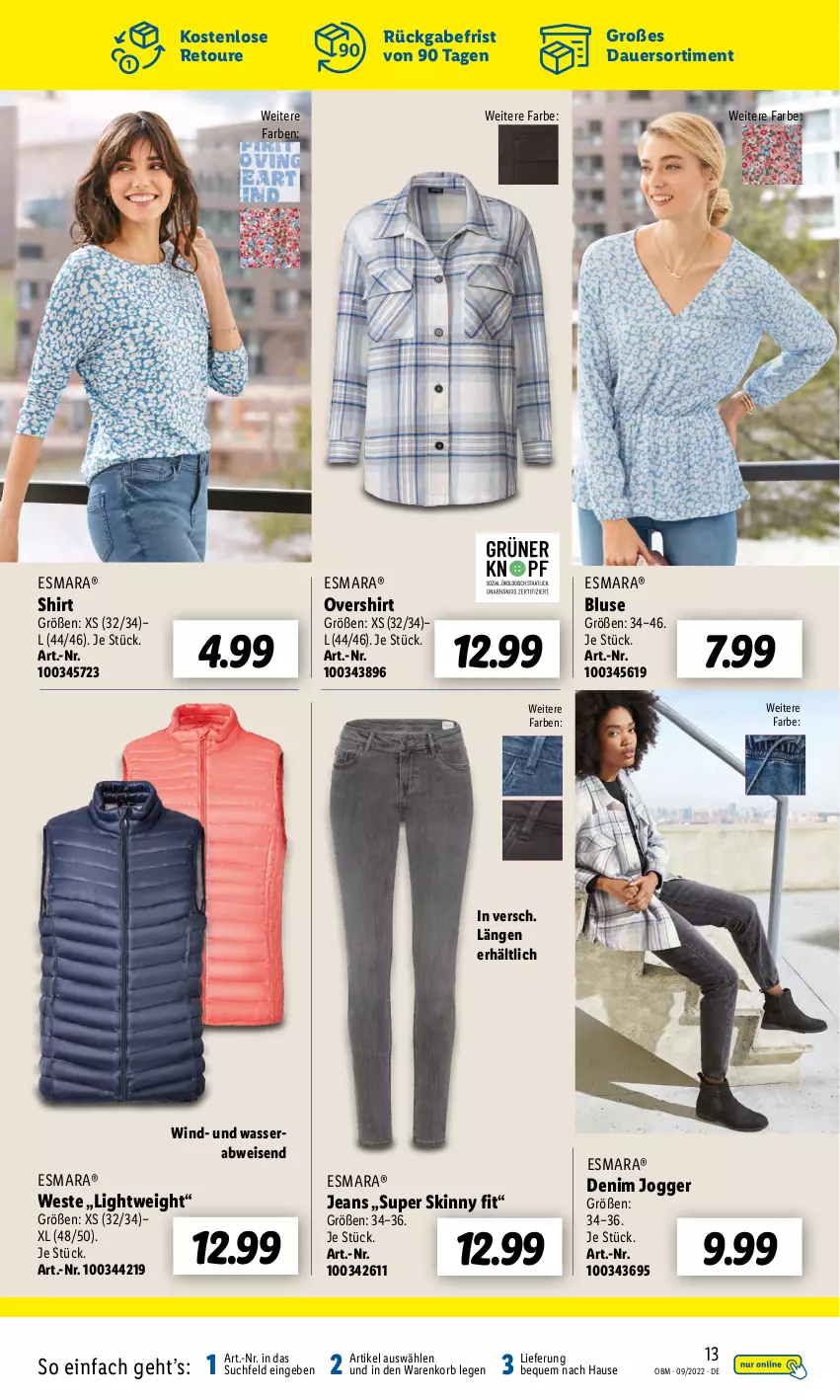 Aktueller Prospekt Lidl - Aktuelle Onlineshop-Highlights - von 01.09 bis 30.09.2022 - strona 13 - produkty: auer, bluse, eis, esmara, jeans, korb, shirt, Ti, wasser, Weste