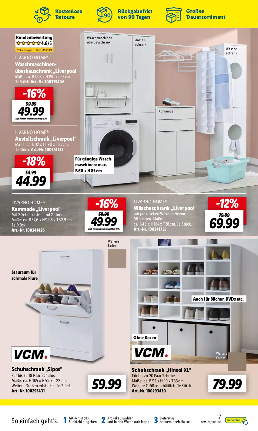 Aktueller Prospekt Lidl - Aktuelle Onlineshop-Highlights - von 01.09 bis 30.09.2022 - strona 17 - produkty: auer, Bau, dvd, kommode, korb, Mode, ndk, paar schuhe, pool, Schrank, schuhe, schuhschrank, Ti, tisch, waschmaschine, waschmaschinen