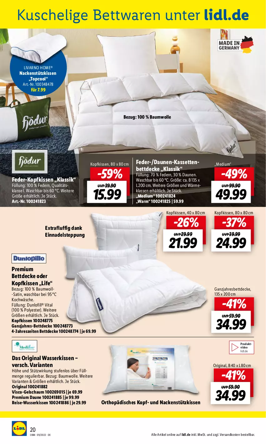 Aktueller Prospekt Lidl - Aktuelle Onlineshop-Highlights - von 01.09 bis 30.09.2022 - strona 20 - produkty: Bau, baumwolle, bett, decke, deo, eis, Ganzjahresbett, gin, kissen, kopfkissen, nackenstützkissen, ndk, reis, Ria, Ti, vita, wasser, wolle