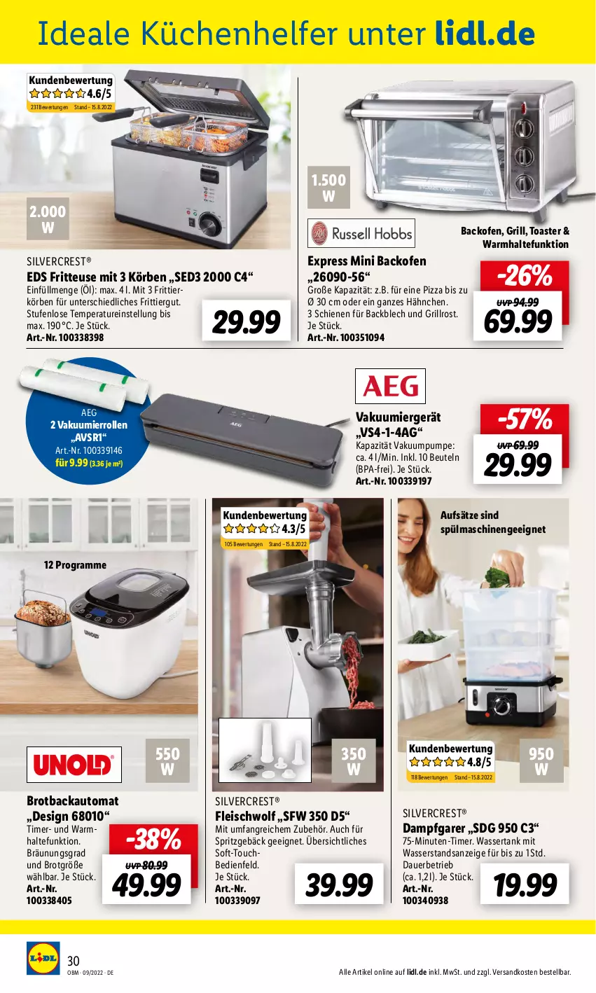 Aktueller Prospekt Lidl - Aktuelle Onlineshop-Highlights - von 01.09 bis 30.09.2022 - strona 30 - produkty: aeg, auer, auto, backofen, beutel, brot, Brotbackautomat, eis, fleisch, fritteuse, grill, grillrost, küche, Küchen, Küchenhelfer, ndk, Ofen, pizza, silvercrest, Spritzgebäck, spülmaschinen, Ti, timer, toast, toaster, wasser, wassertank