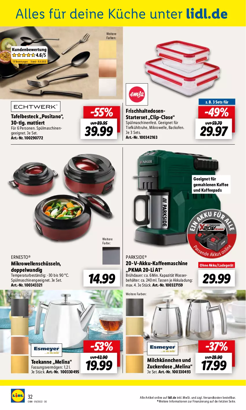 Aktueller Prospekt Lidl - Aktuelle Onlineshop-Highlights - von 01.09 bis 30.09.2022 - strona 32 - produkty: akku, auer, backofen, Behälter, besteck, elle, ernesto, frischhaltedosen, kaffee, kaffeemaschine, kaffeepads, küche, ladegerät, LG, mikrowelle, milch, ndk, Ofen, Parkside, schüssel, spülmaschinen, tasse, tee, teekanne, Ti, wasser, ZTE, zucker