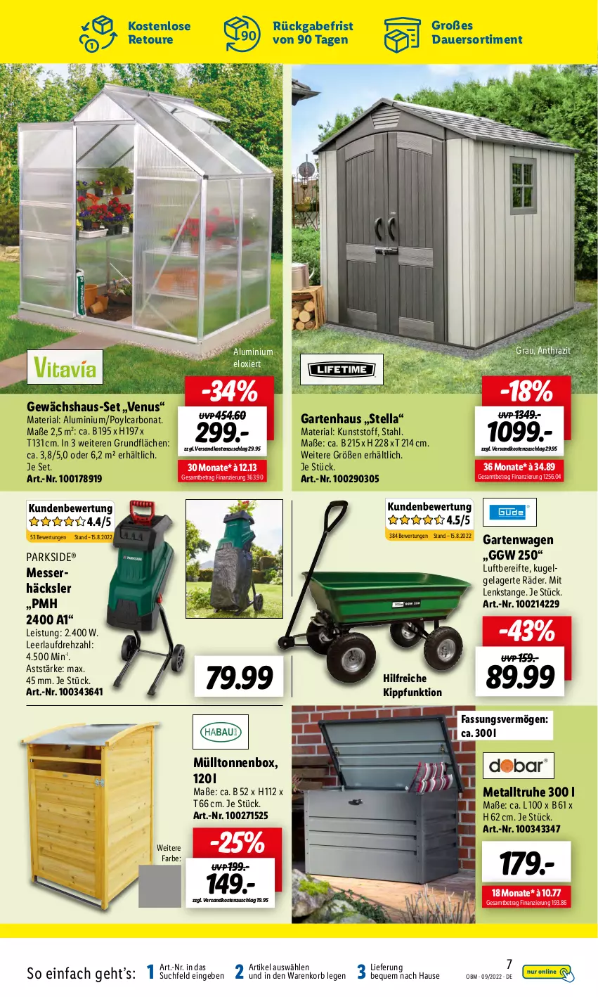 Aktueller Prospekt Lidl - Aktuelle Onlineshop-Highlights - von 01.09 bis 30.09.2022 - strona 7 - produkty: auer, Bona, eis, Garten, Gartenhaus, Gewächshaus, korb, Kugel, LG, messer, ndk, Parkside, Ria, Ti, venus