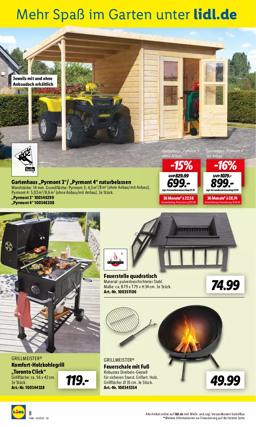 Aktueller Prospekt Lidl - Aktuelle Onlineshop-Highlights - von 01.09 bis 30.09.2022 - strona 8 - produkty: Bau, eis, elle, feuerschale, Garten, Gartenhaus, grill, grillfläche, Holz, holzkohle, holzkohlegrill, Kohlegrill, Meister, natur, ndk, quad, Ria, Schal, Schale, Ti, tisch, ZTE