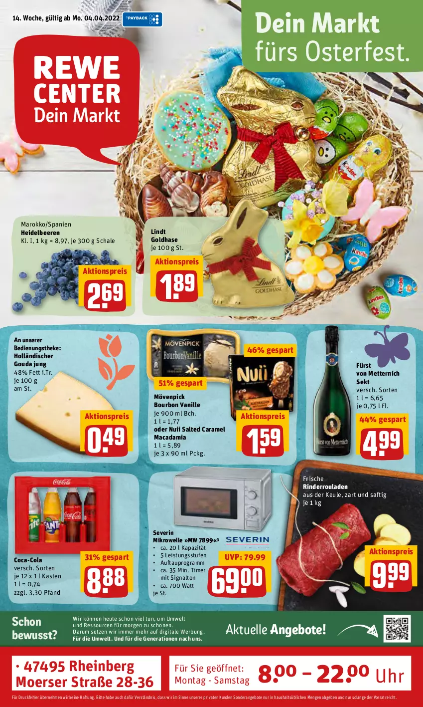 Aktueller Prospekt Rewe - Prospekte - von 04.04 bis 10.04.2022 - strona 1 - produkty: aktionspreis, angebot, angebote, beere, beeren, bourbon, bourbon vanille, caramel, coca-cola, cola, eis, elle, fürst von metternich, gouda, gouda jung, heidelbeere, heidelbeeren, Heu, lindt, mac, macadamia, Mett, metternich, mikrowelle, mövenpick, nuii, reis, rind, rinder, Rinderroulade, rinderrouladen, rouladen, rum, saft, Schal, Schale, sekt, severin, Signal, Ti, timer, uhr, vanille