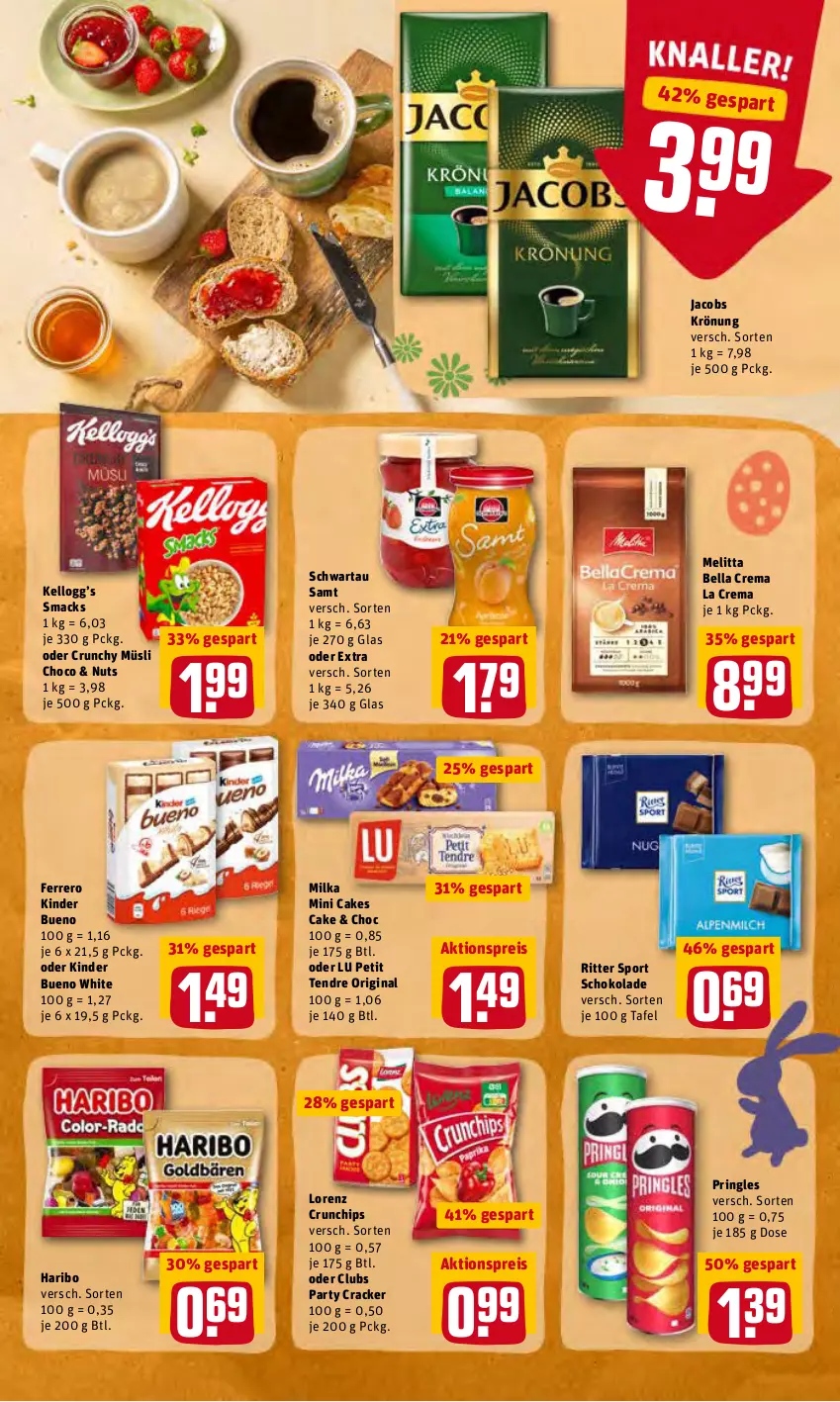 Aktueller Prospekt Rewe - Prospekte - von 04.04 bis 10.04.2022 - strona 23 - produkty: aktionspreis, bella crema, chips, cracker, crunchips, eis, ferrero, gin, haribo, jacobs, jacobs krönung, Kinder, kinder bueno, lorenz, lorenz crunchips, mac, melitta, milka, müsli, pringles, reis, ring, ritter, ritter sport, schoko, schokolade, Schwartau, Smacks, Sport, Ti