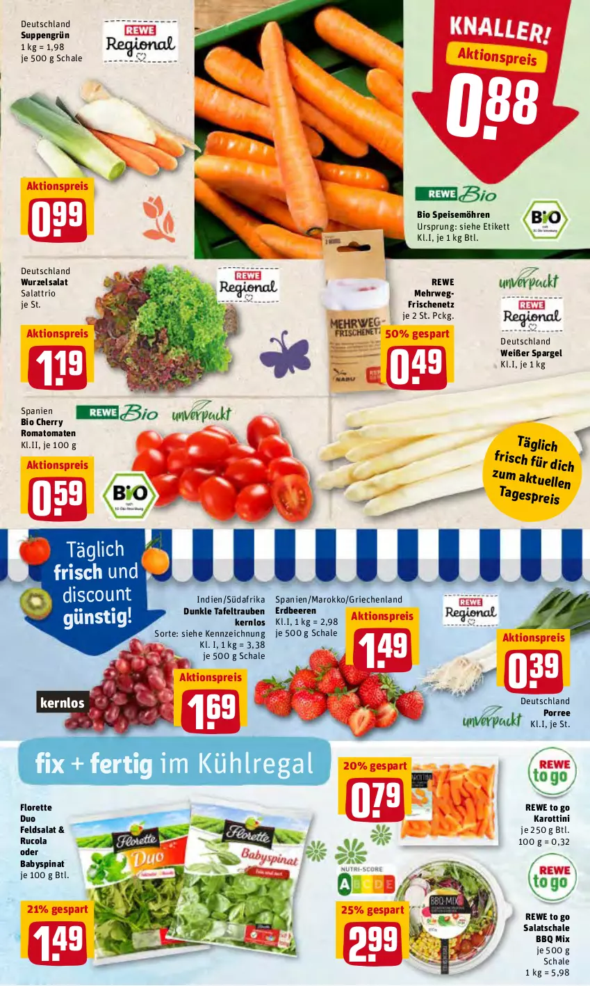 Aktueller Prospekt Rewe - Prospekte - von 04.04 bis 10.04.2022 - strona 3 - produkty: aktionspreis, Babyspinat, beere, beeren, bio, cola, discount, eis, elle, erdbeere, erdbeeren, feldsalat, florette, kühlregal, möhren, regal, reis, Romatomaten, rucola, rwe, salat, Schal, Schale, spargel, speisemöhren, spinat, suppe, suppen, tafeltrauben, Ti, tomate, tomaten, trauben