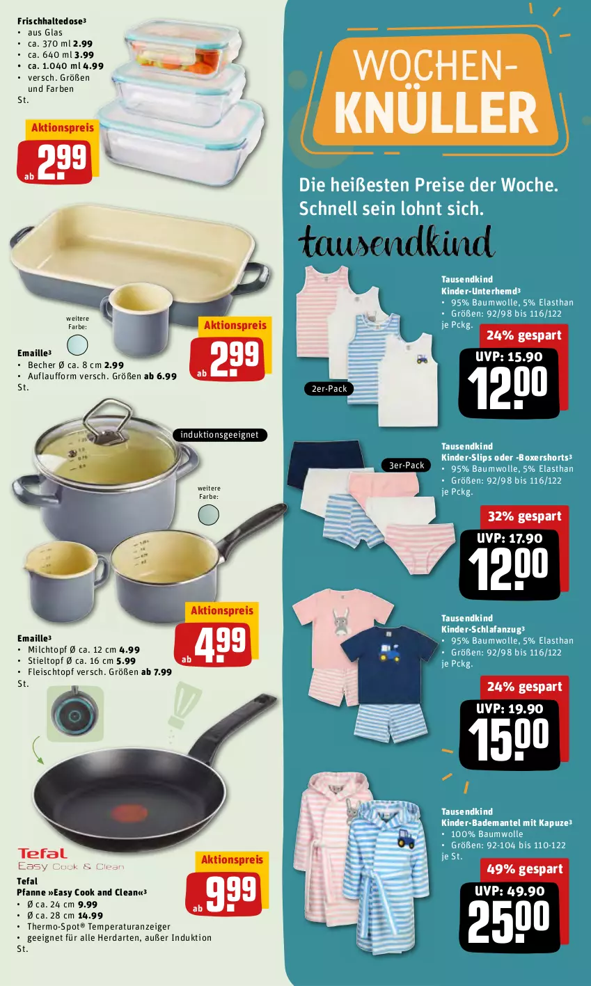 Aktueller Prospekt Rewe - Prospekte - von 04.04 bis 10.04.2022 - strona 31 - produkty: aktionspreis, Anzug, Bad, Bademantel, Bau, baumwolle, Becher, eis, fleisch, Fleischtopf, hemd, herdarten, Kinder, Kinder-Unterhemd, maille, Mantel, milch, ndk, pfanne, reis, Schlafanzug, shorts, slip, slips, tefal, Ti, topf, Unterhemd, wolle