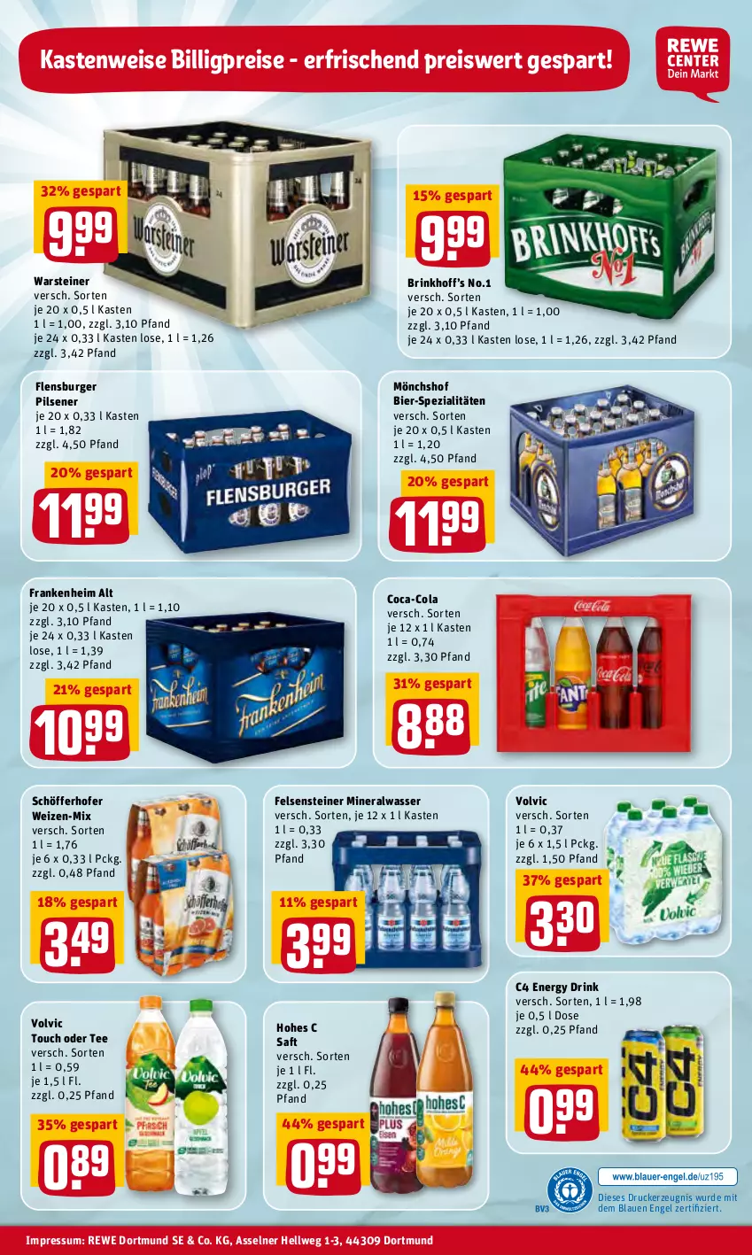 Aktueller Prospekt Rewe - Prospekte - von 04.04 bis 10.04.2022 - strona 32 - produkty: Alwa, bier, burger, coca-cola, cola, drink, drucker, eis, energy drink, Engel, flensburger, Hohes C, kerze, mineralwasser, mönchshof, pils, pilsener, reis, saft, schöfferhofer, Spezi, steiner, tee, Ti, volvic, warsteiner, wasser